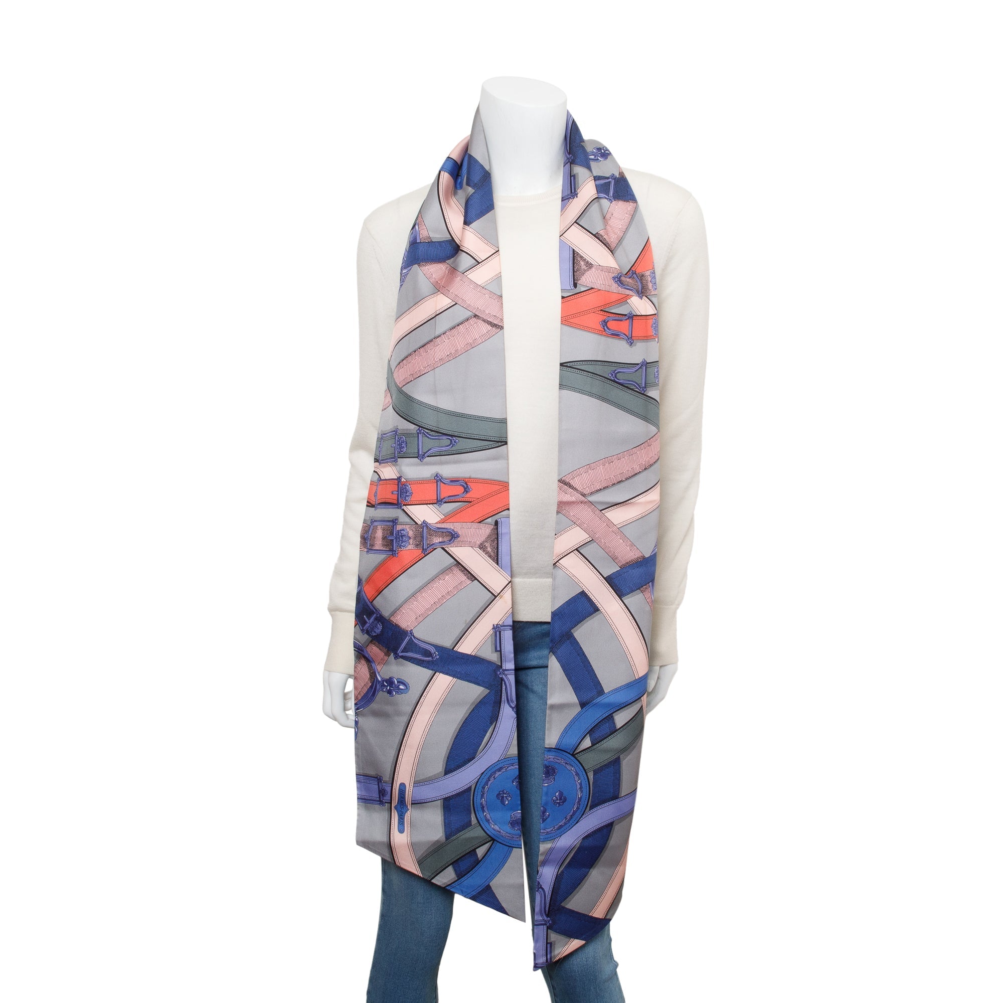 Hermes Grey Multicolor 'Cavalcadour by Henri d'Origny' Maxi Twilly Long Silk Scarf