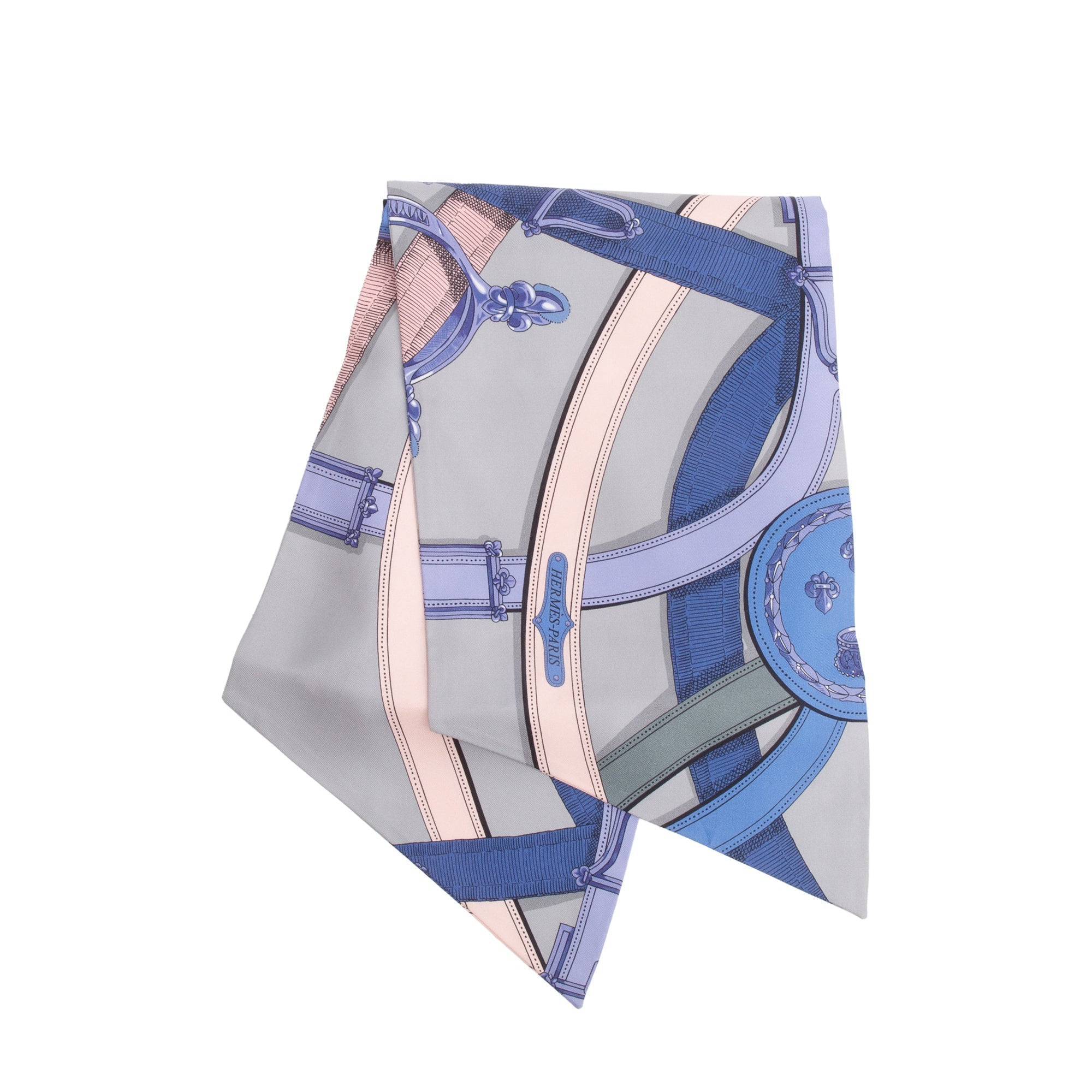 Hermes Grey Multicolor 'Cavalcadour by Henri d'Origny' Maxi Twilly Long Silk Scarf