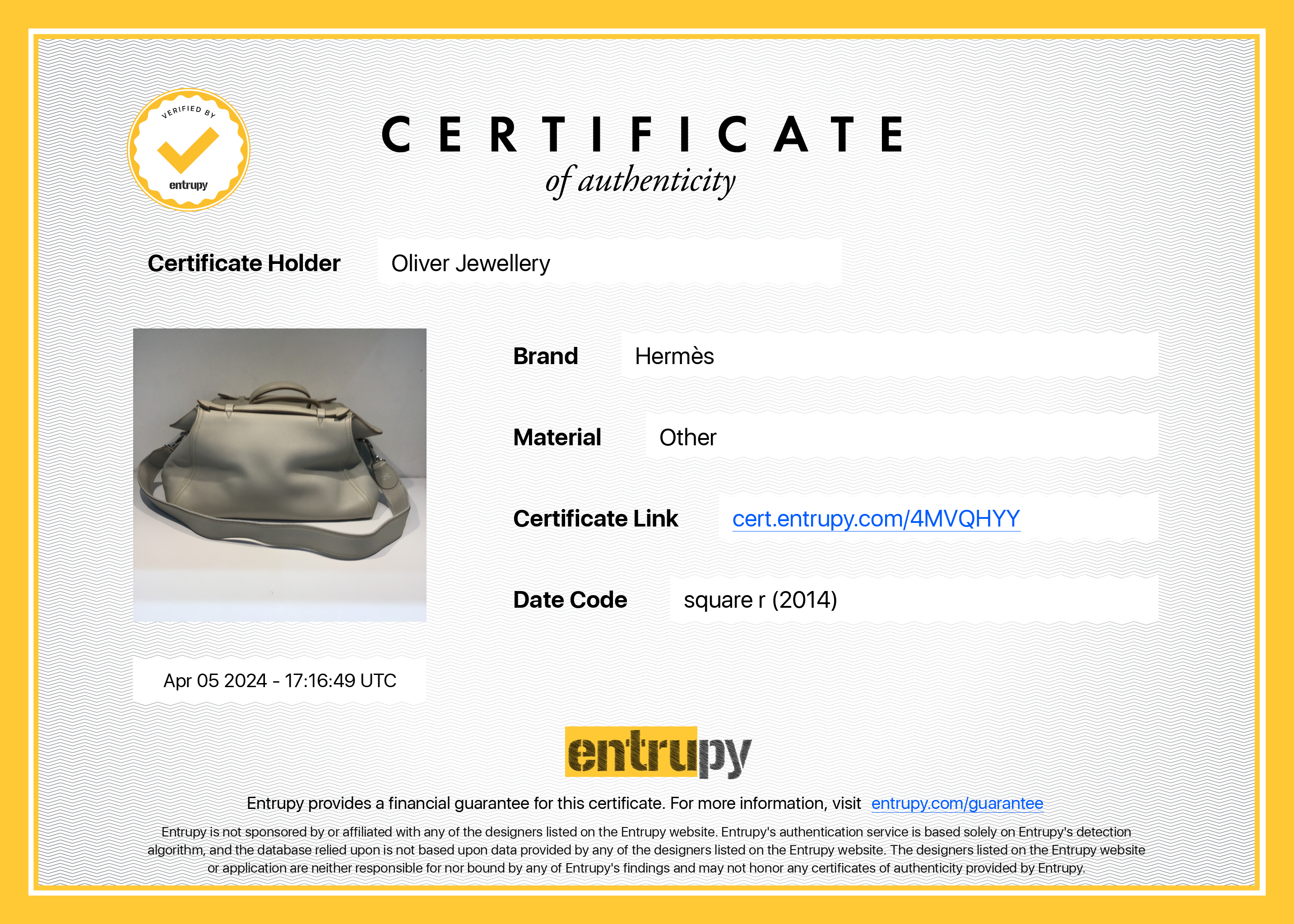 Hermes Gris Perie Evergrain Leather Sac Oxer w/ Strap