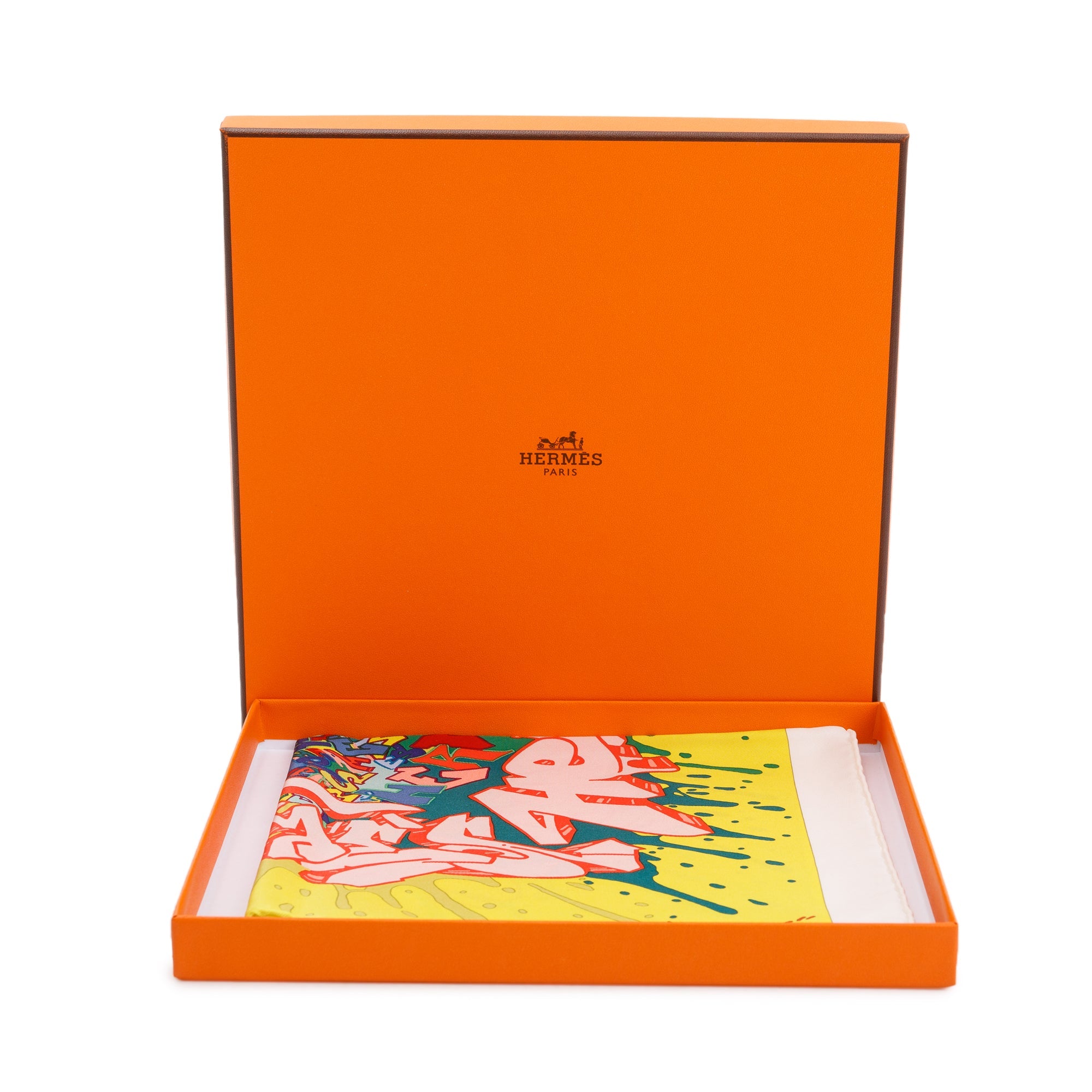 Hermes Jaune Acide Vert 'Gavroche Graff' Pocket Square Silk Scarf w/ Box