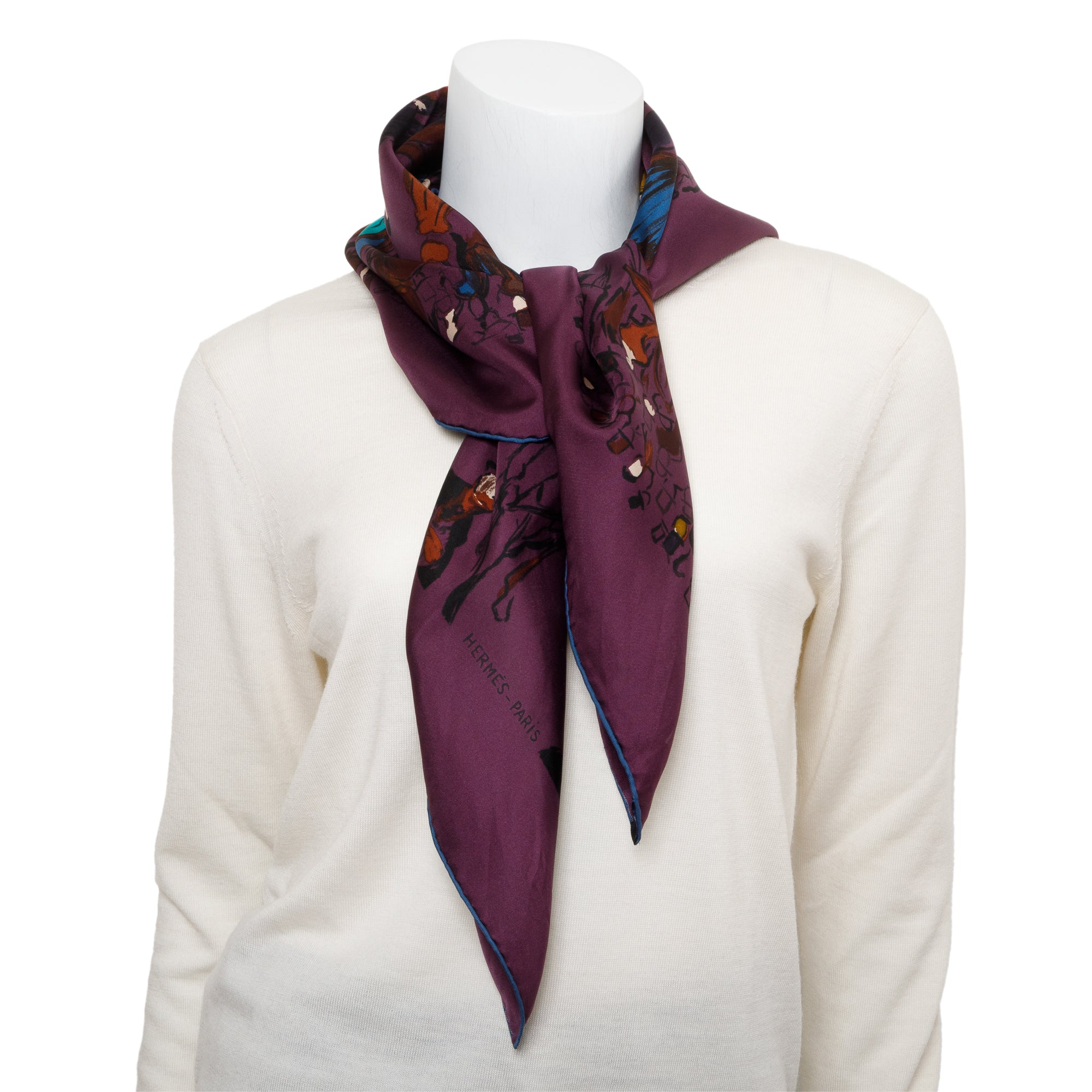 Hermes Jean-Louis Clerc Purple Multicolor Paddock Silk Scarf 90