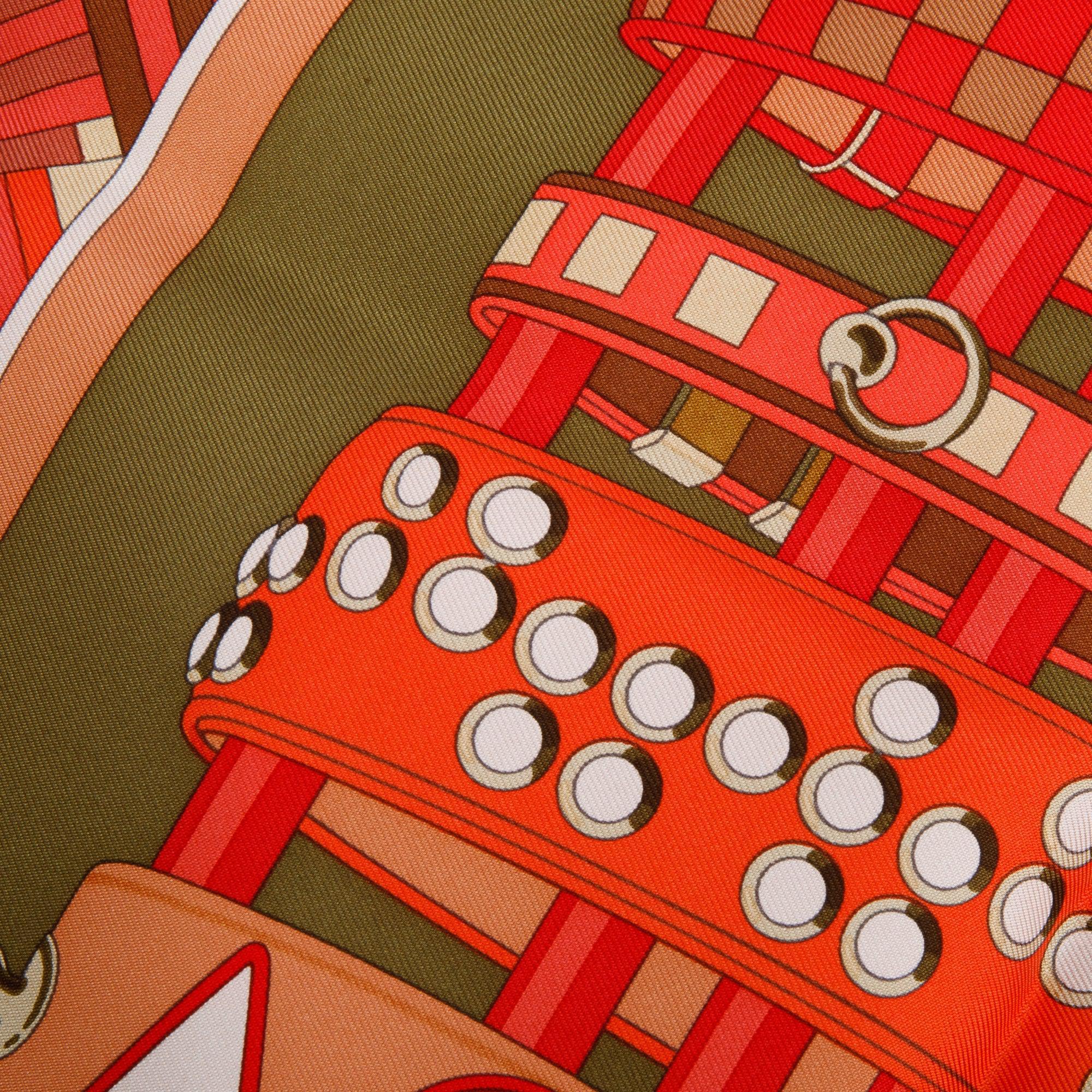 Hermes Kaki/Corail/Rouge 'Colliers De Chiens' Silk Scarf 90 w/ Box