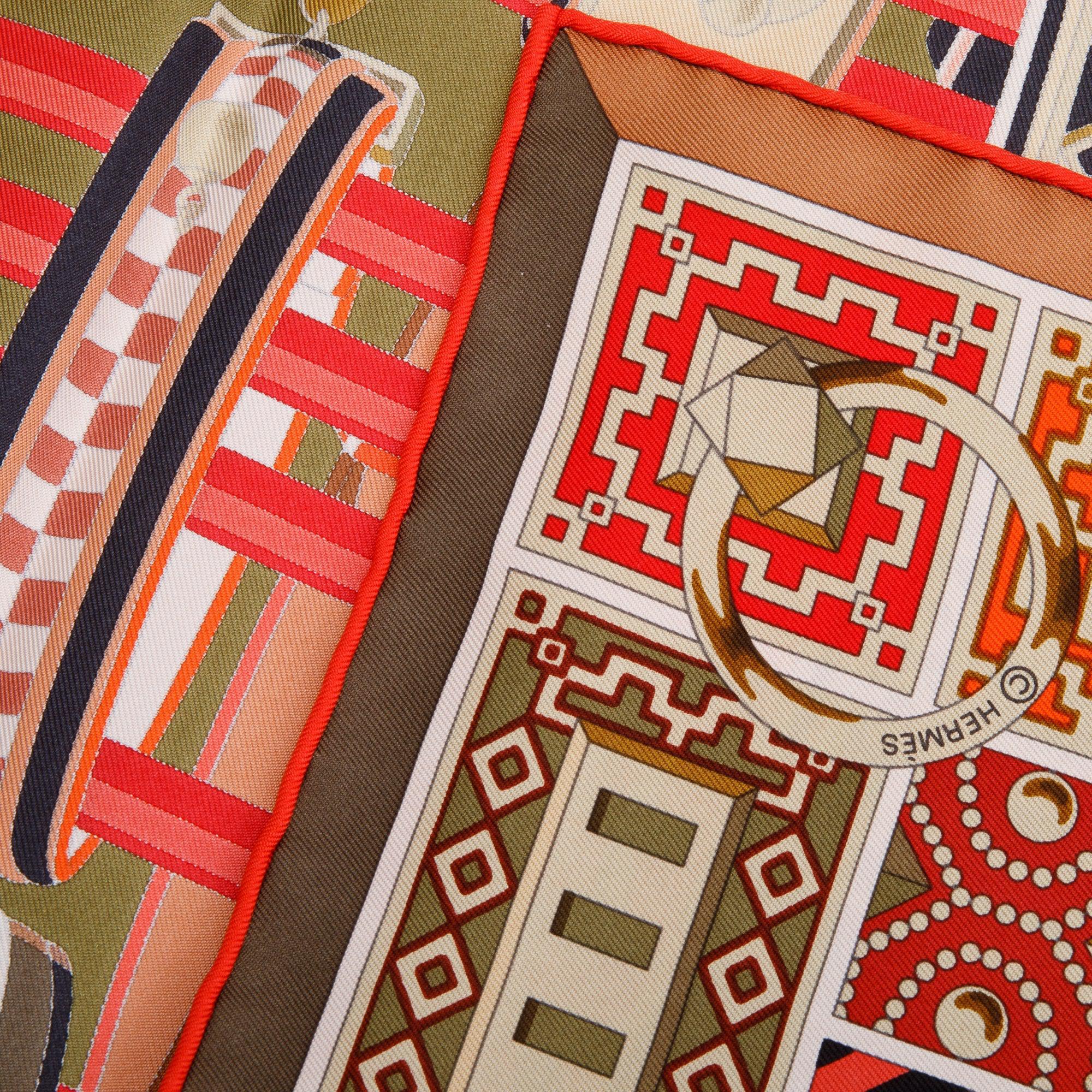 Hermes Kaki/Corail/Rouge 'Colliers De Chiens' Silk Scarf 90 w/ Box