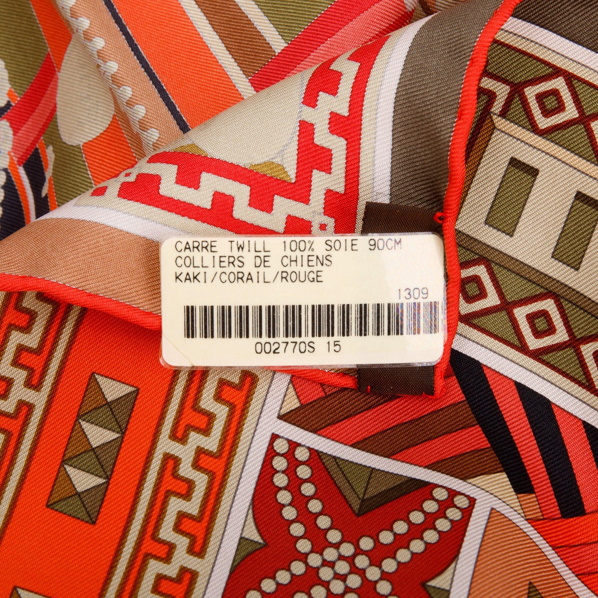 Hermes Kaki/Corail/Rouge 'Colliers De Chiens' Silk Scarf 90 w/ Box
