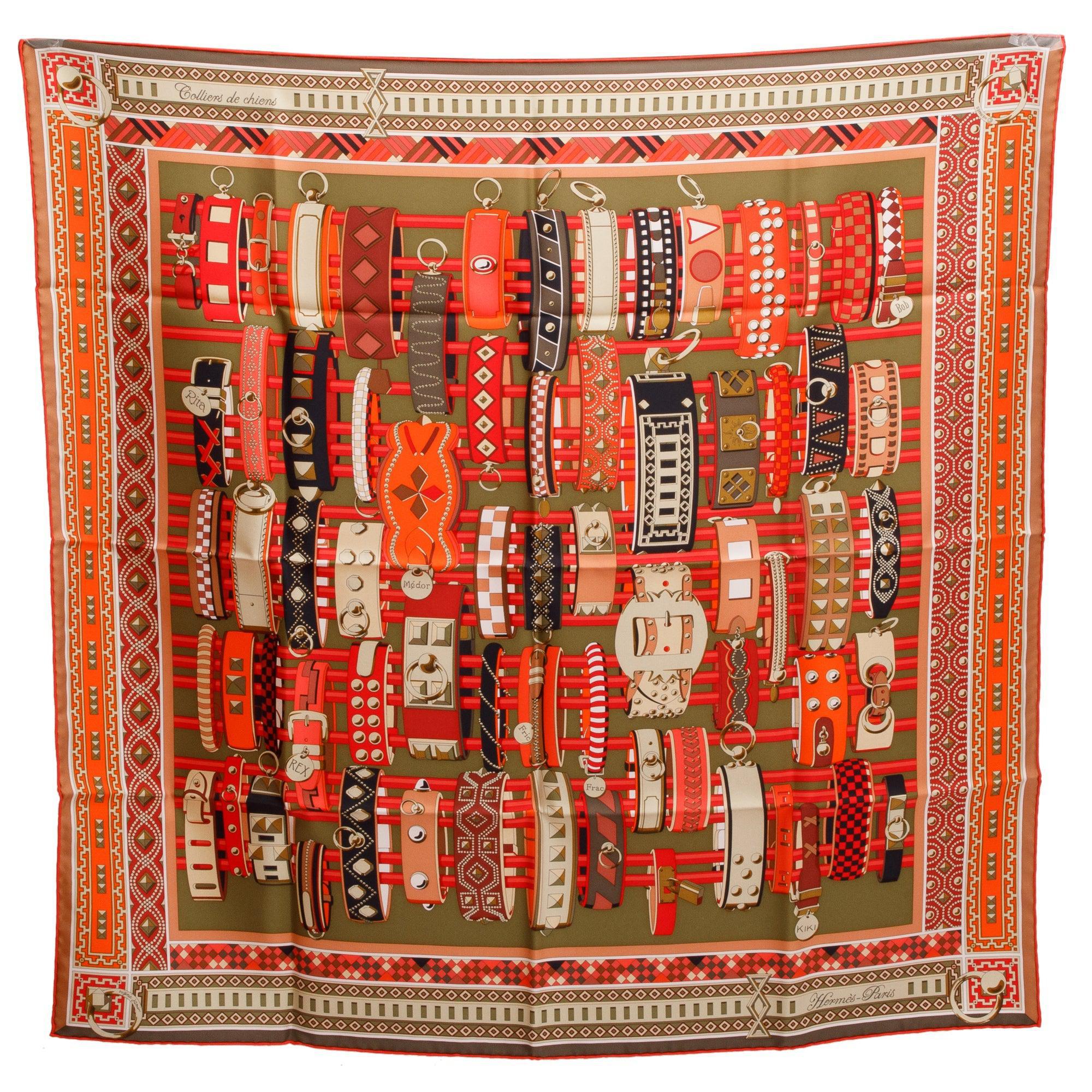 Hermes Kaki/Corail/Rouge 'Colliers De Chiens' Silk Scarf 90 w/ Box