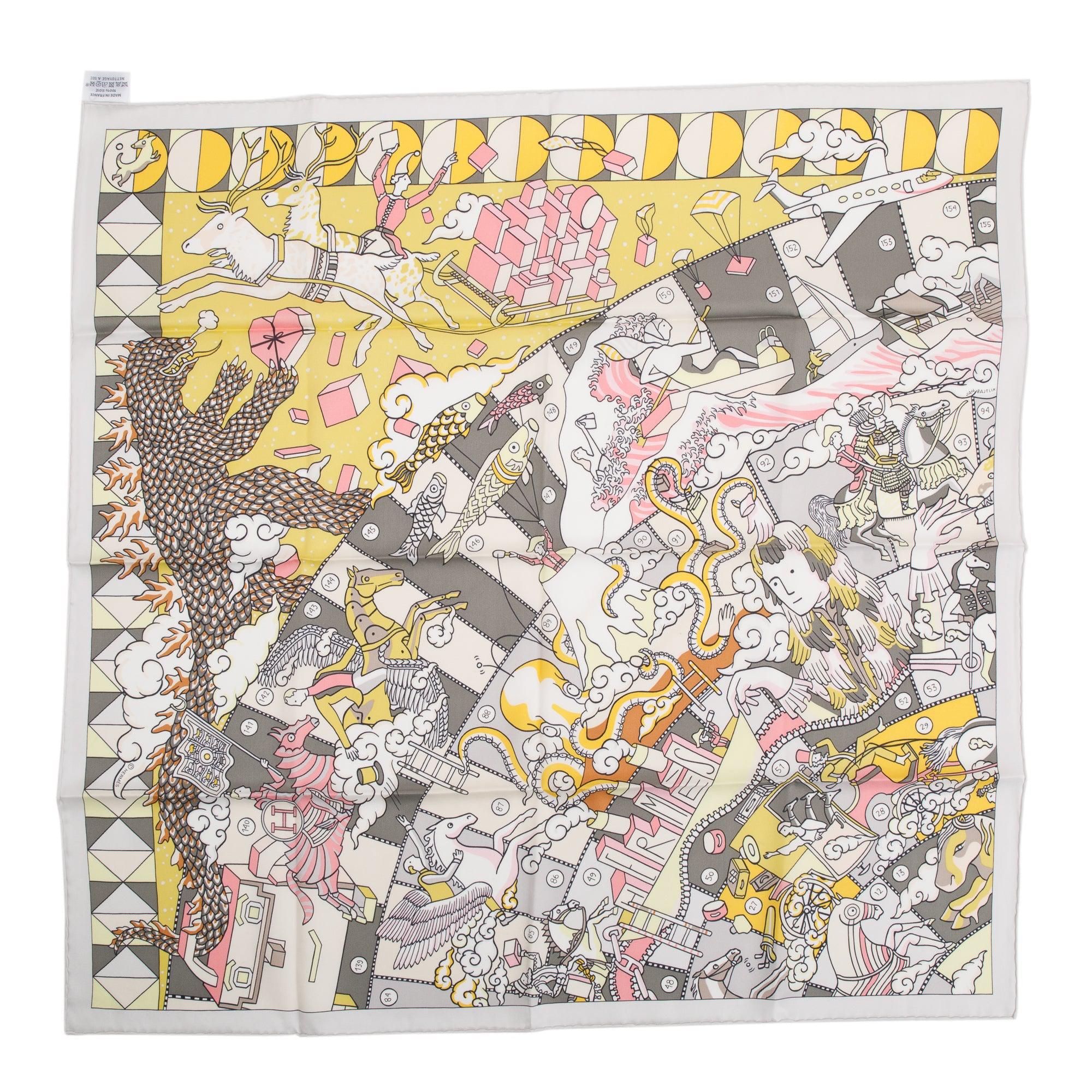 Hermes 'L'Epopee D'Hermes' White Multicolore Silk Scarf 70 w/ Box