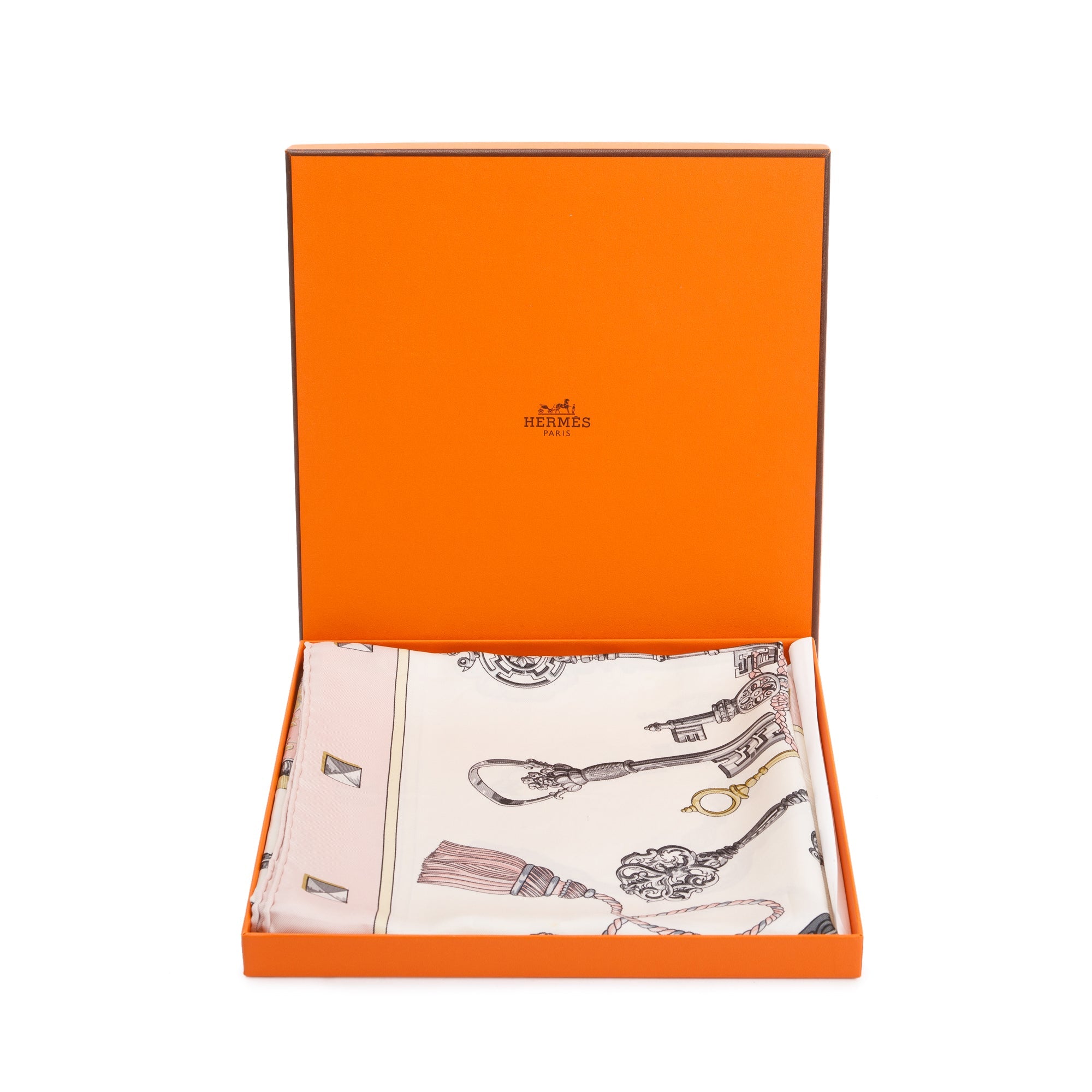 Hermes 'Les Cles Carre' Pink Multicolour Silk Scarf 90 w/ Box
