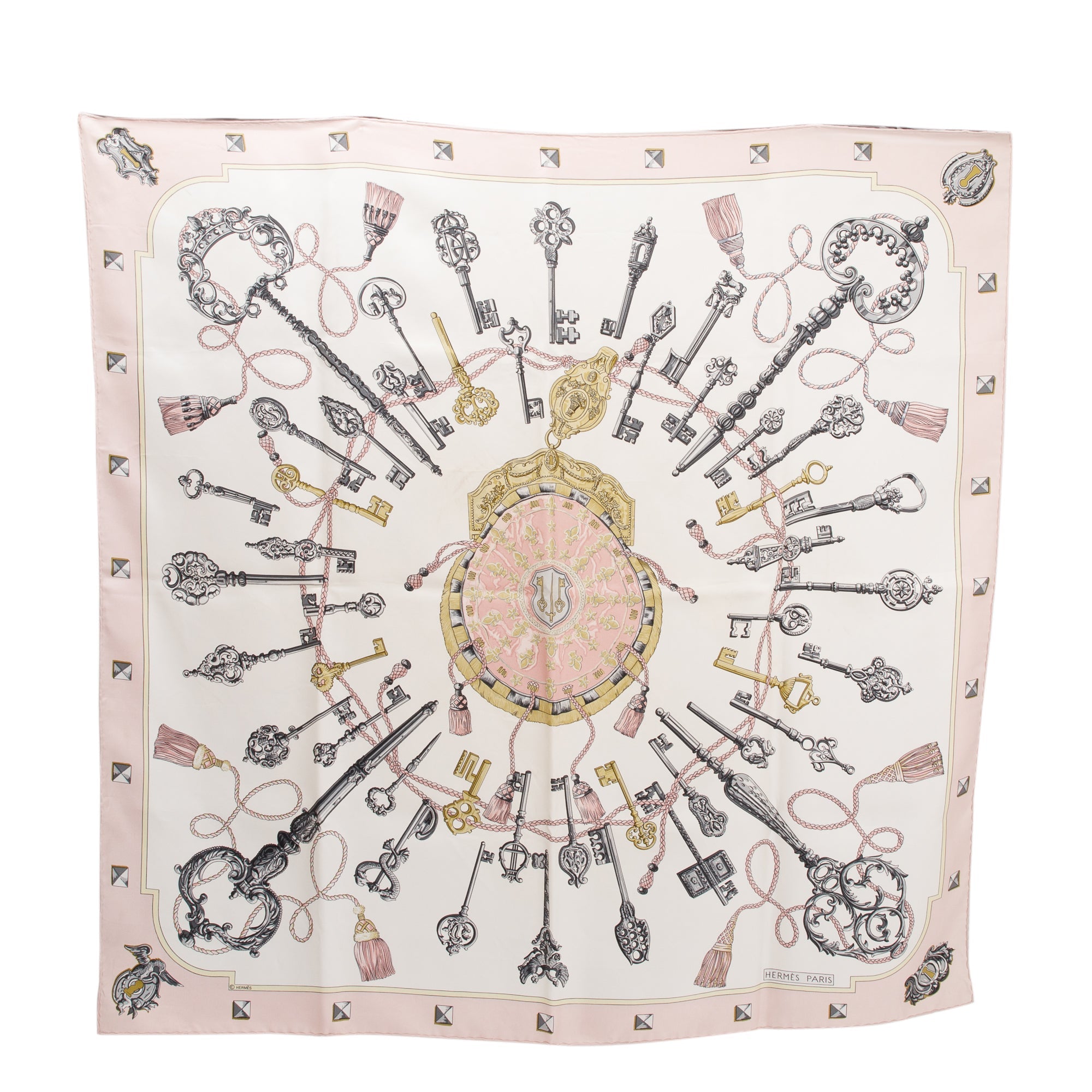 Hermes 'Les Cles Carre' Pink Multicolour Silk Scarf 90 w/ Box