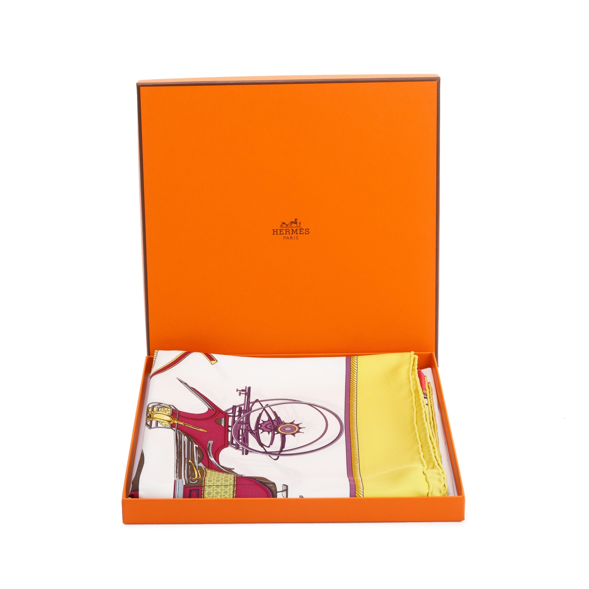 Hermes 'Les Voitures A Transformation' Multicolour Silk Scarf 90 w/ Box