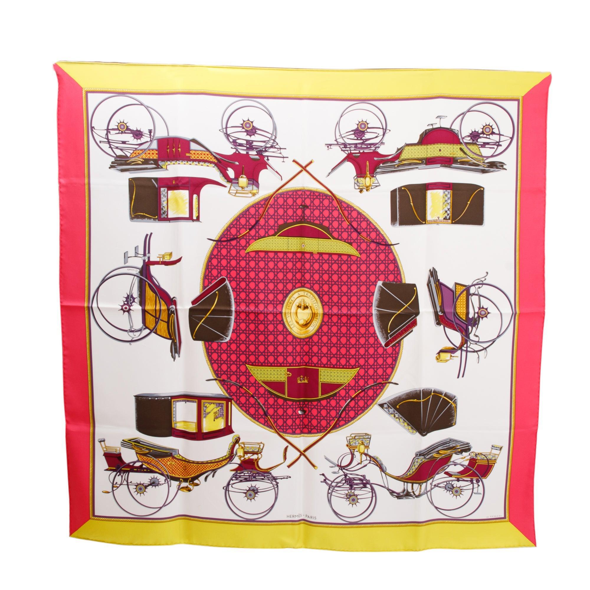 Hermes 'Les Voitures A Transformation' Multicolour Silk Scarf 90 w/ Box