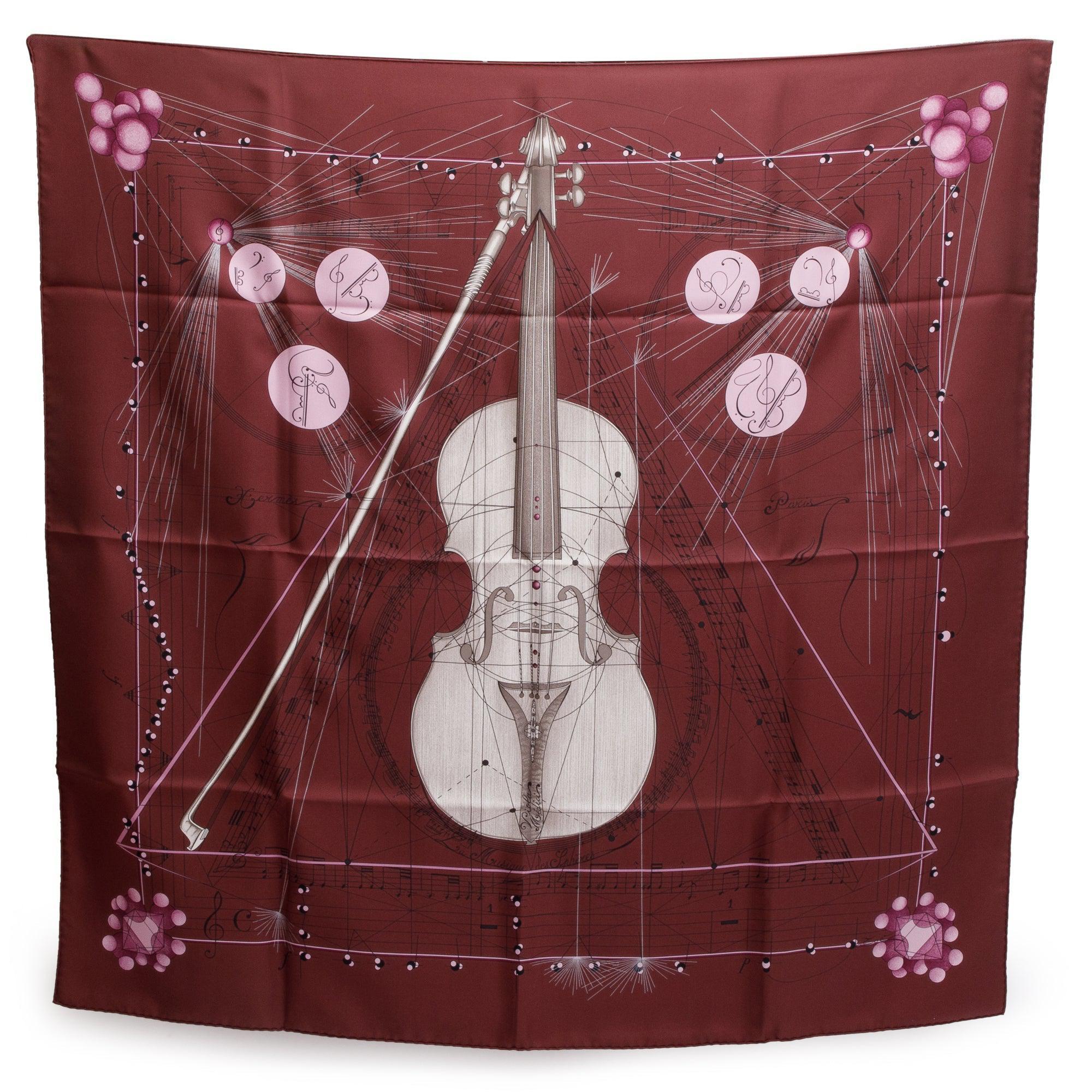 Hermes Maroon 'La Musique des Spheres' Silk Scarf 90 w/ Box