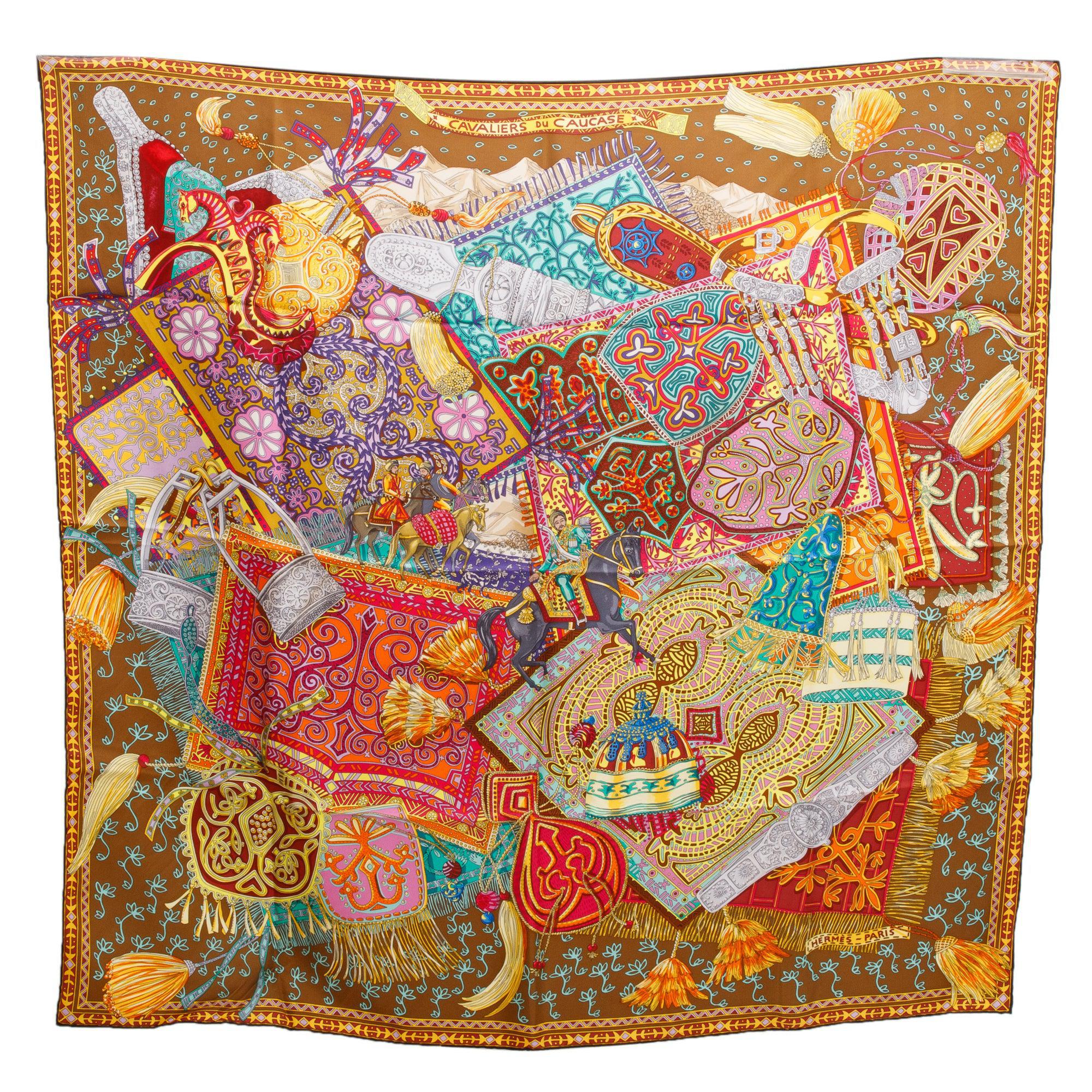 Hermes Multicolor 'Cavalieres Du Caucase' Silk Scarf 90 w/ Box