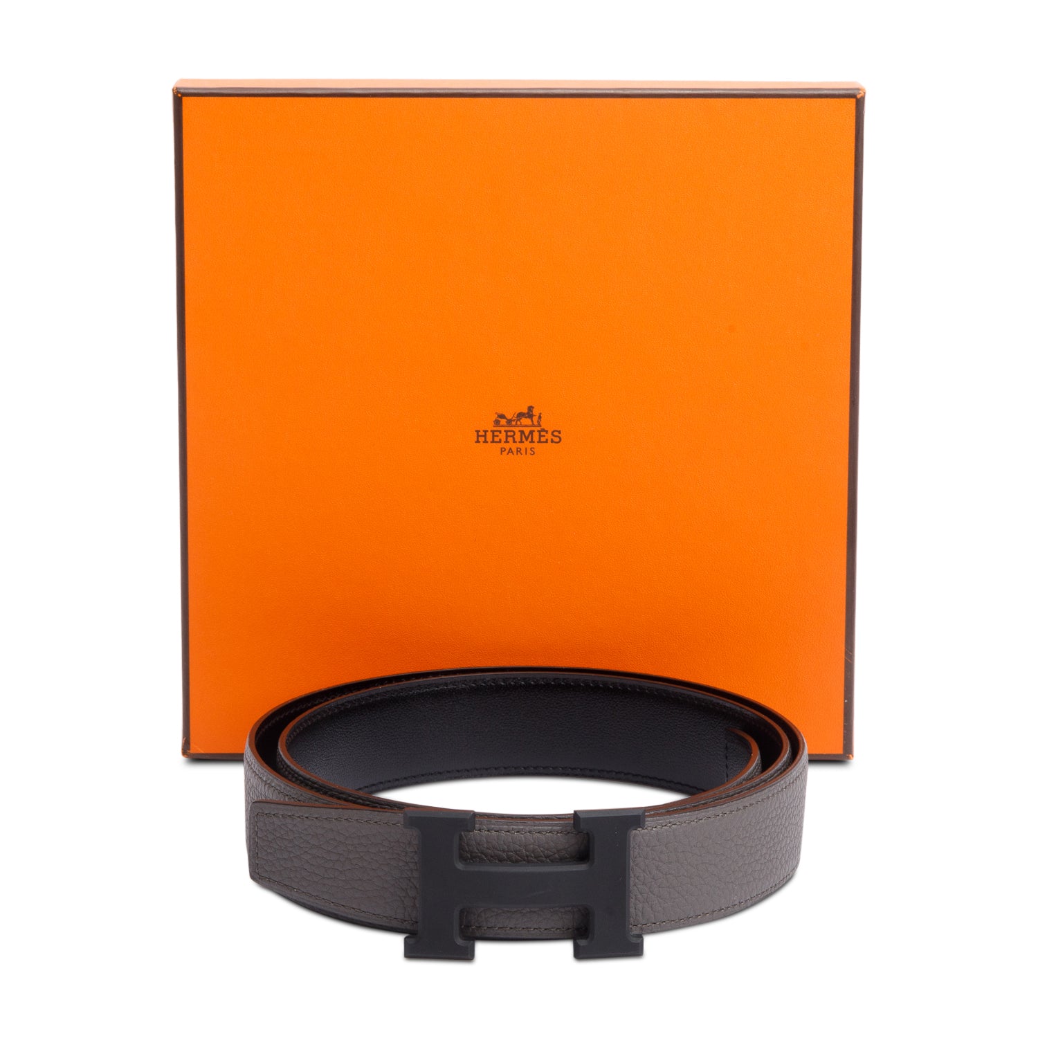 Hermes Noir Box Etain Togo Leather Reversible 32 MM H Belt Kit, Size 95 w/ Box