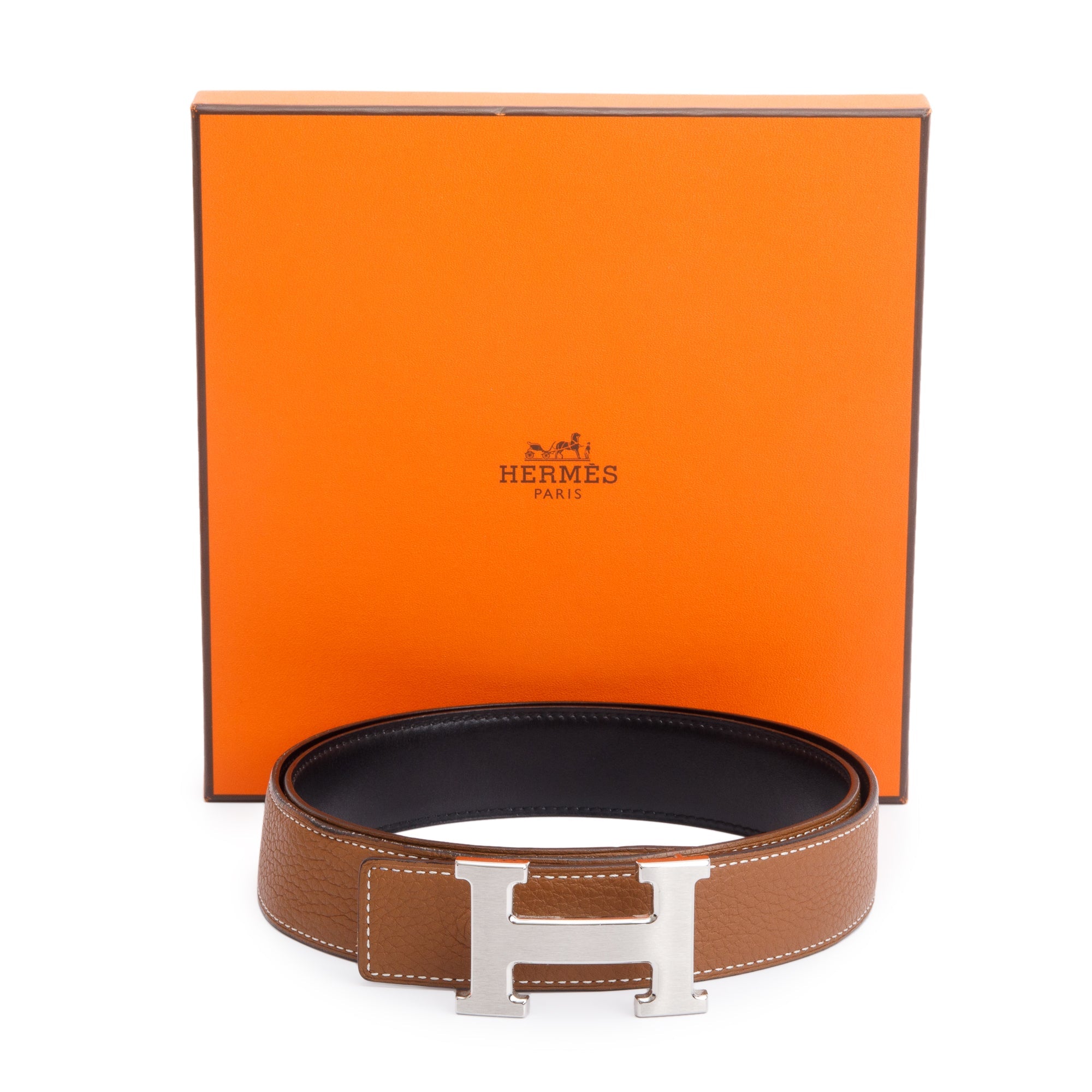 Hermes Noir Box Gold Togo Leather Reversible 32 mm H Belt Kit, Size 90 w/ Box