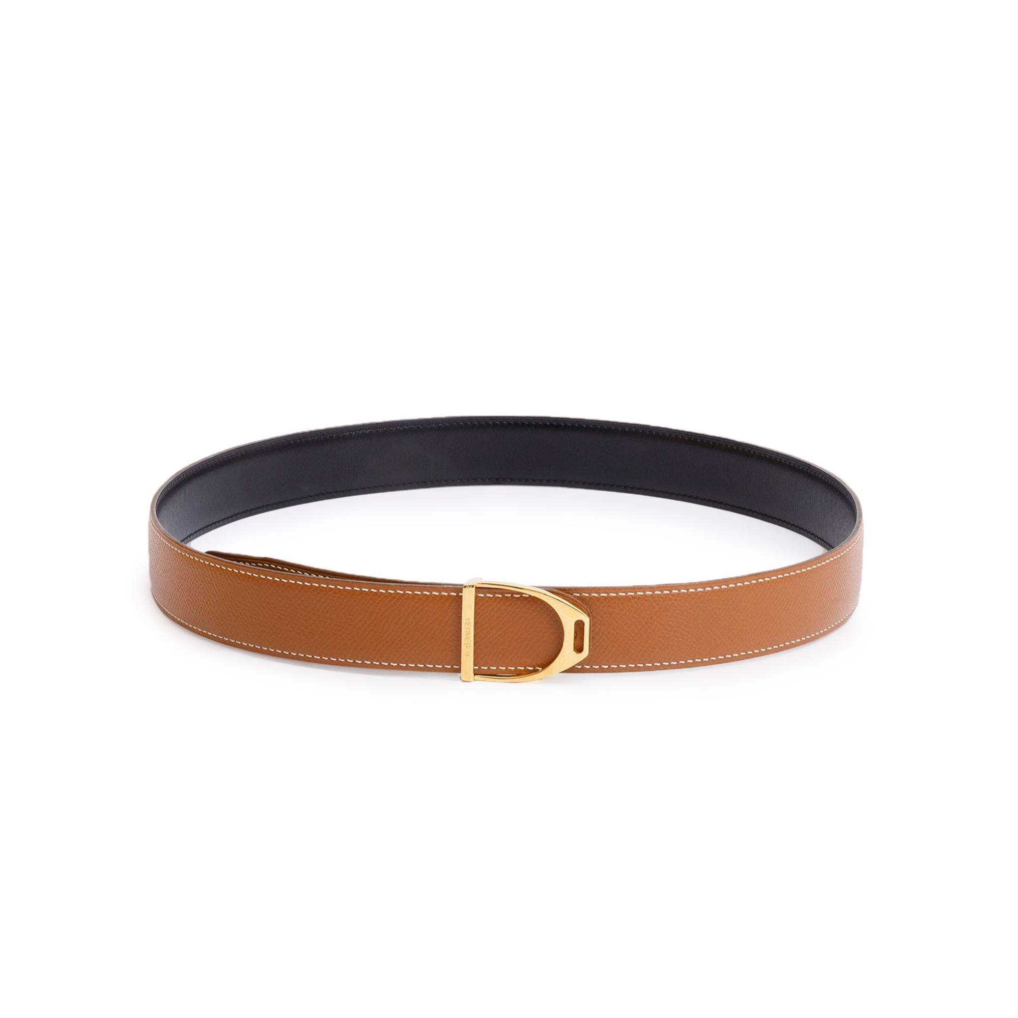 Hermes Noir Box Gold Togo Leather Reversible 32 mm Jockey Belt Kit 85 w/ Box