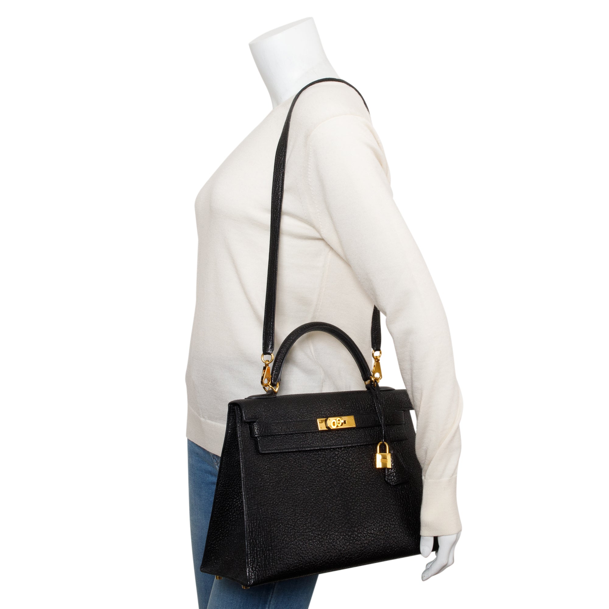 Hermes Noir Goatskin Kelly Sellier II 32 w/ Strap