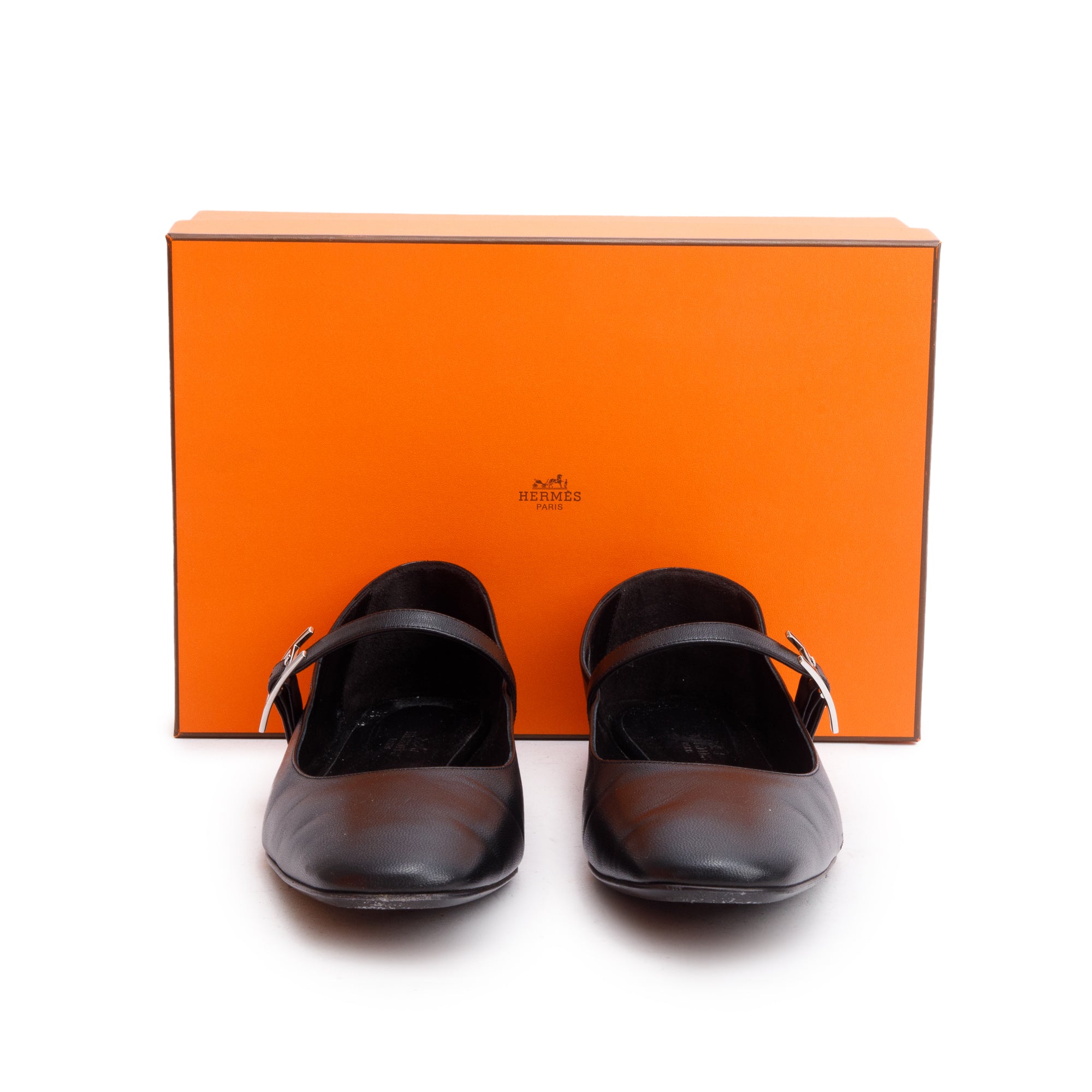 Hermes Noir Goatskin Leather Hapi Buckle Mary Jane Ballet Flat Shoes, Size 40.5 w/ Box