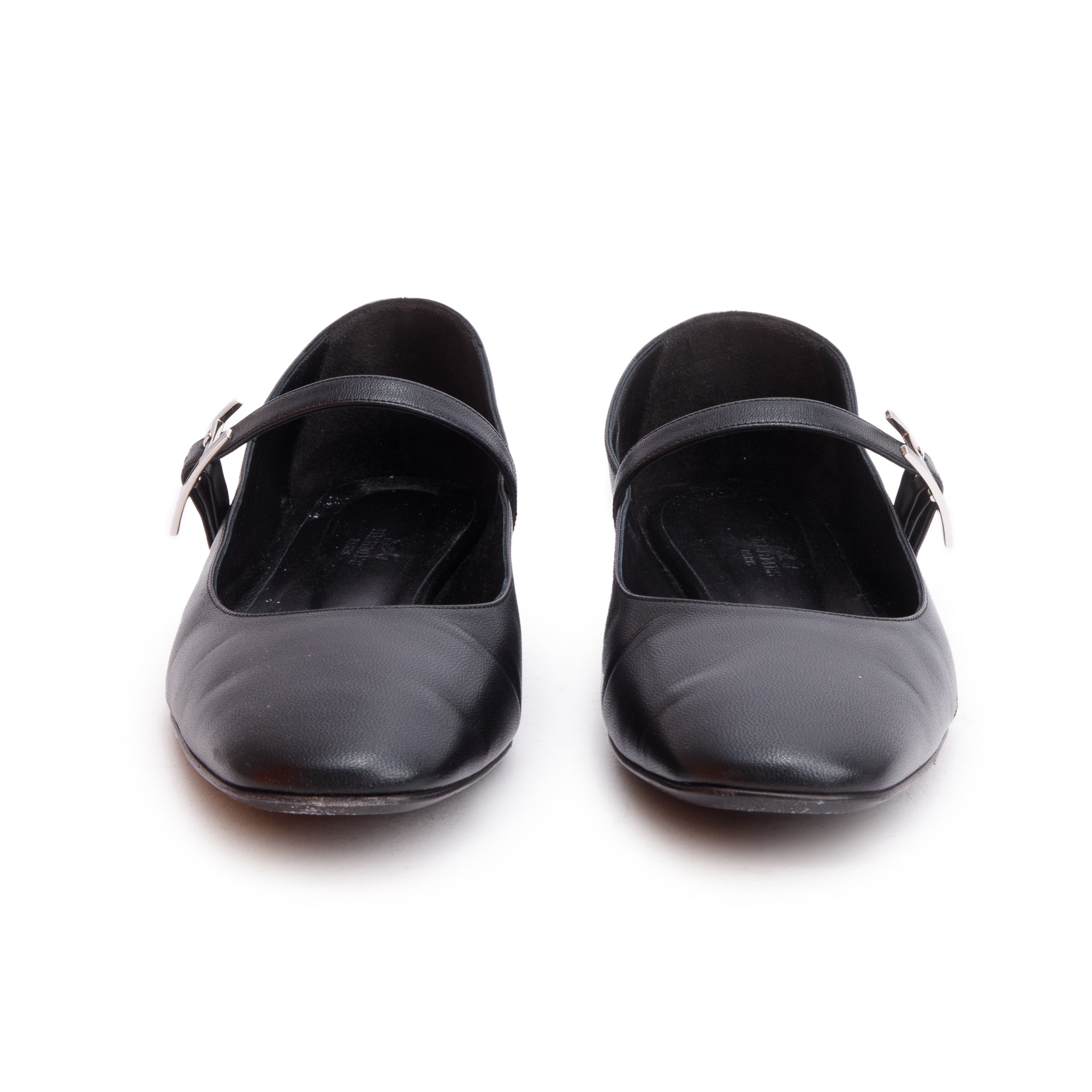 Hermes Noir Goatskin Leather Hapi Buckle Mary Jane Ballet Flat Shoes, Size 40.5 w/ Box