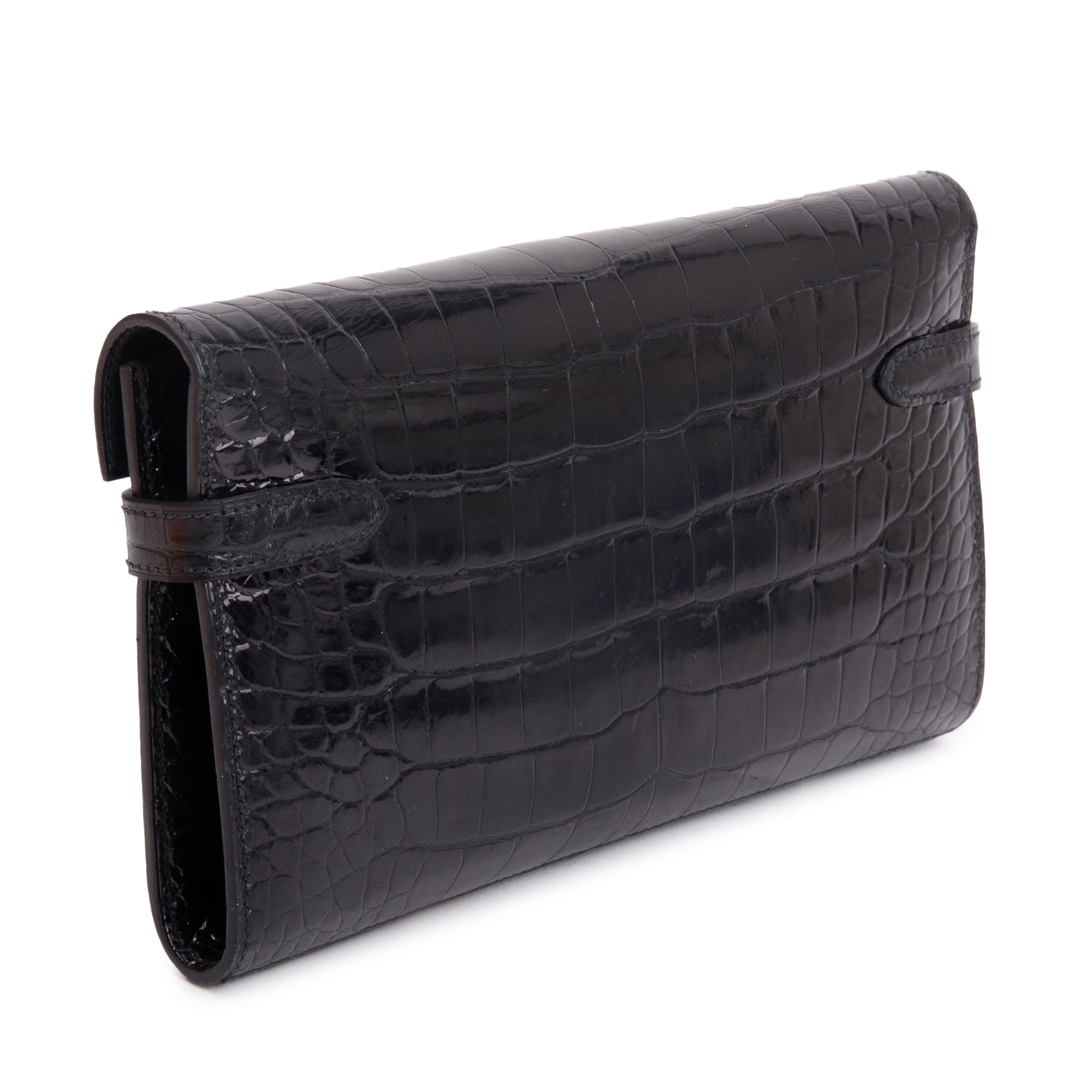 Hermes Noir Shiny Alligator Classic Kelly Longue Wallet w/ Box