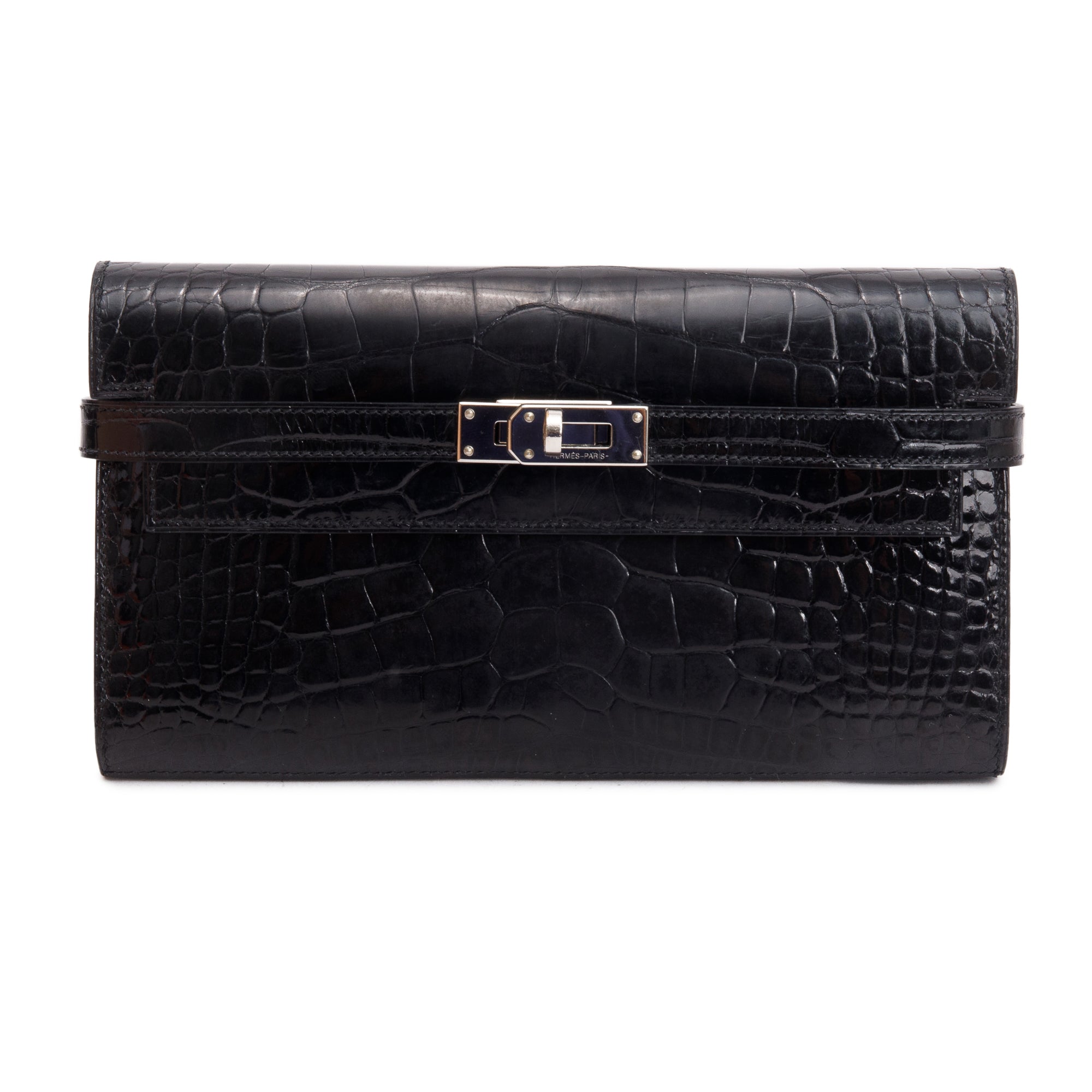 Hermes Noir Shiny Alligator Classic Kelly Longue Wallet w/ Box
