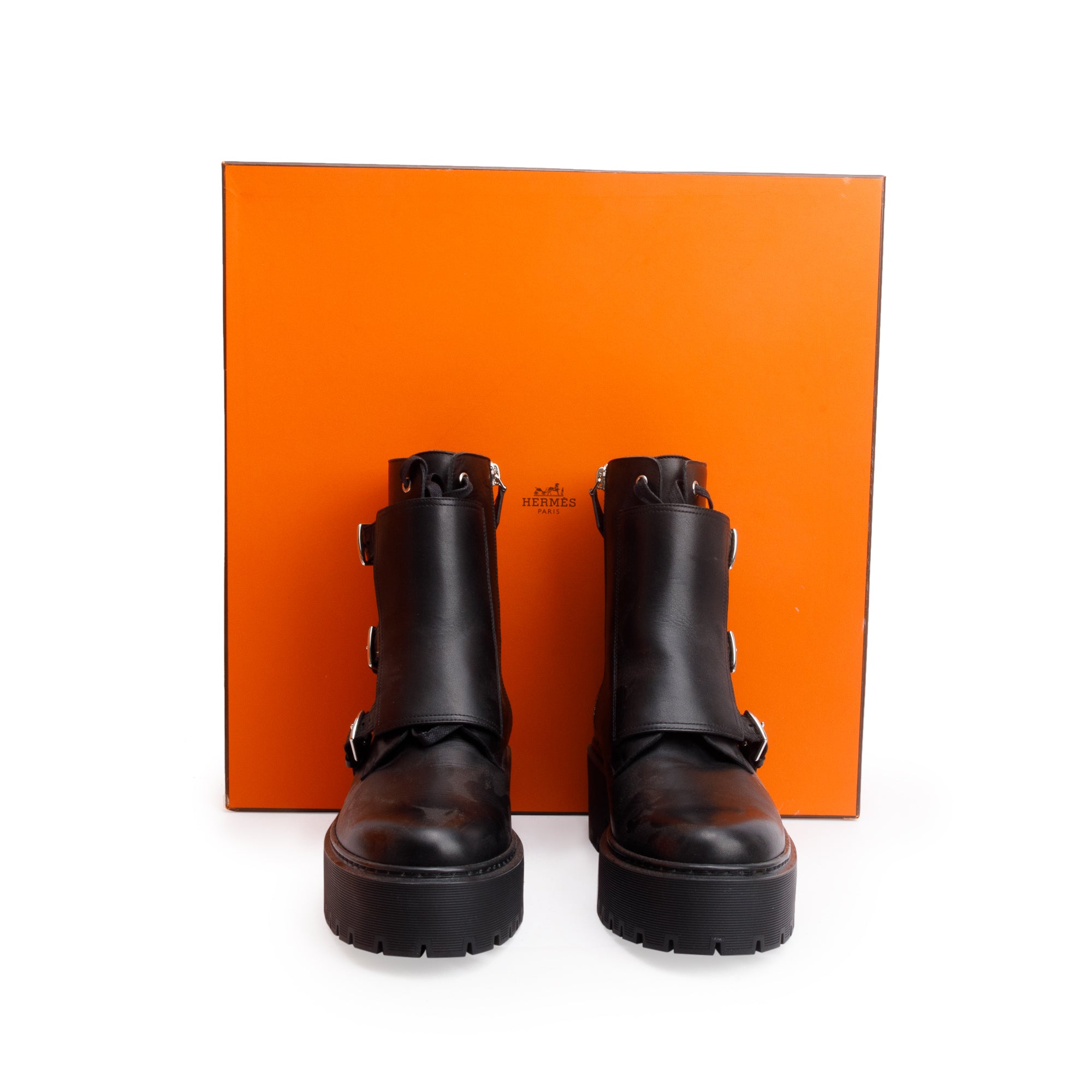 Hermes Noir Veau Aniline Mens Bottillons Hoodie Boots, Size 41.5 w/ Box