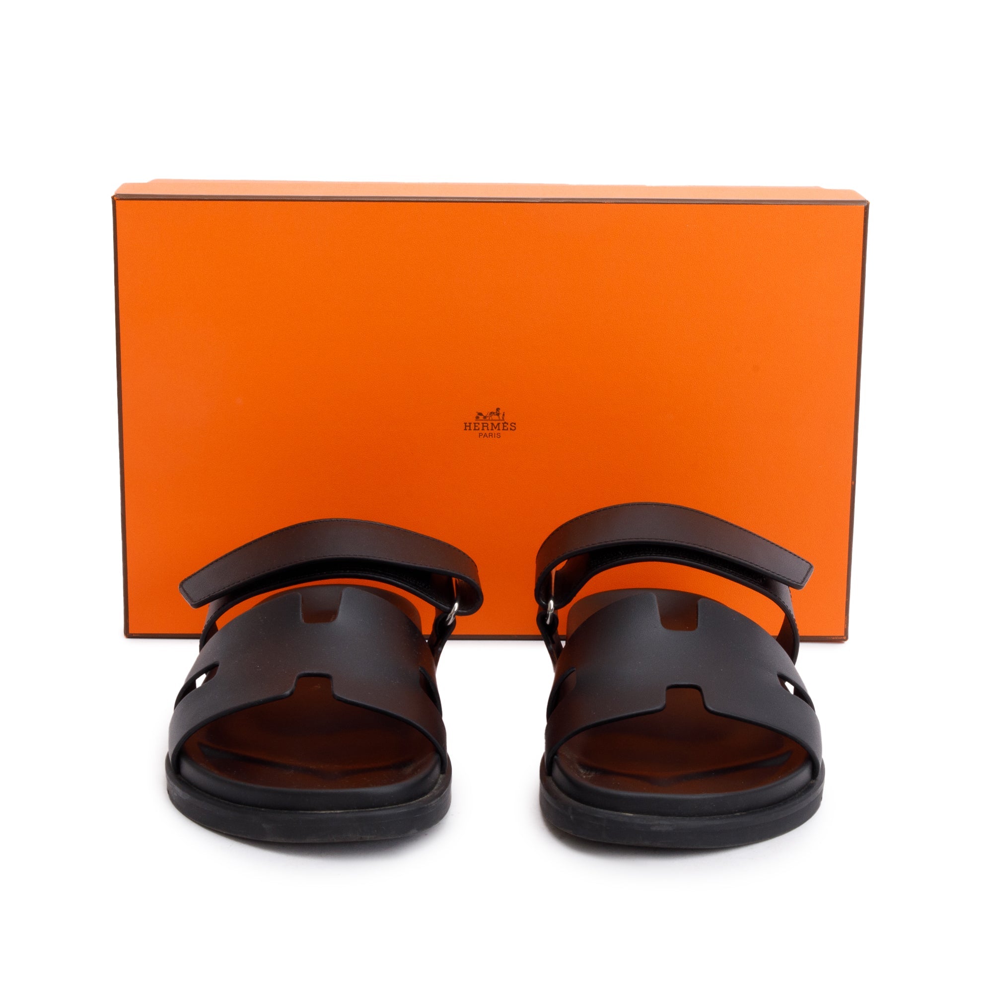 Hermes Noir Veau Calfskin Leather Chypre Sandals, Size 42 w/ Box