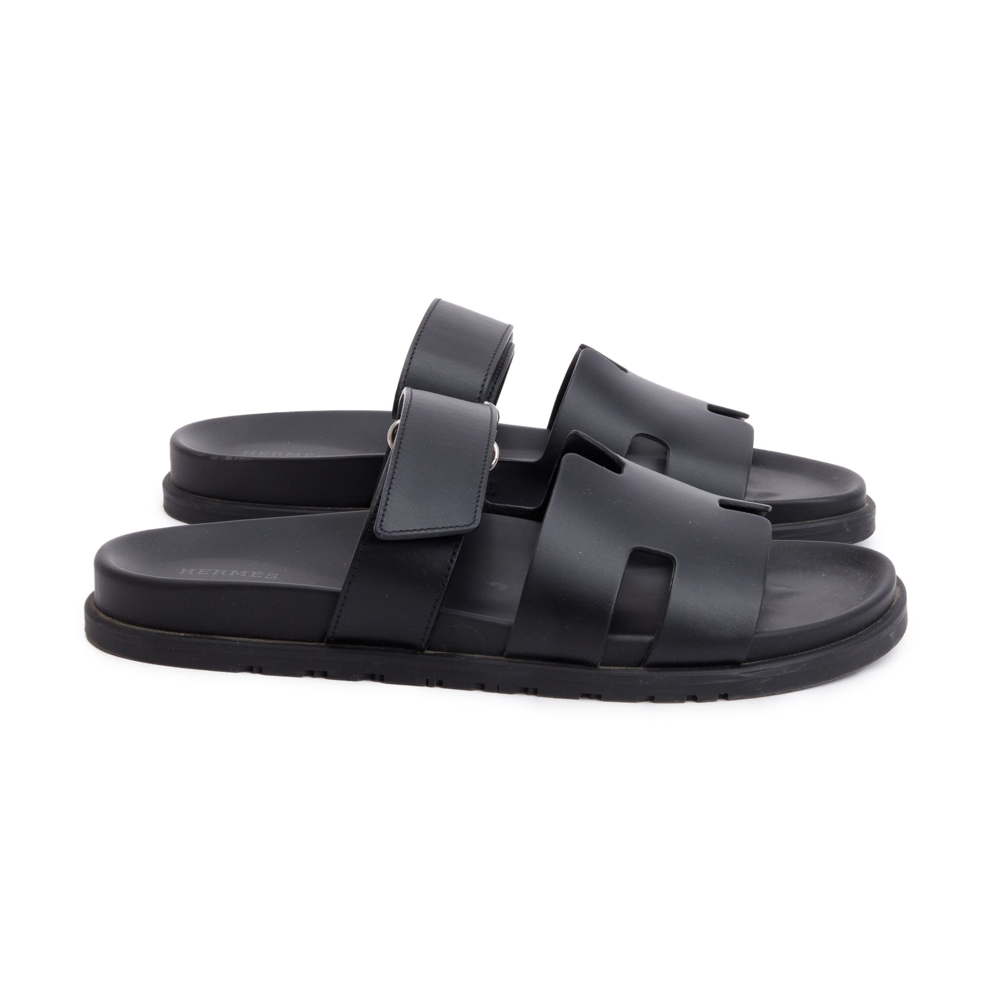 Hermes Noir Veau Calfskin Leather Chypre Sandals, Size 42 w/ Box