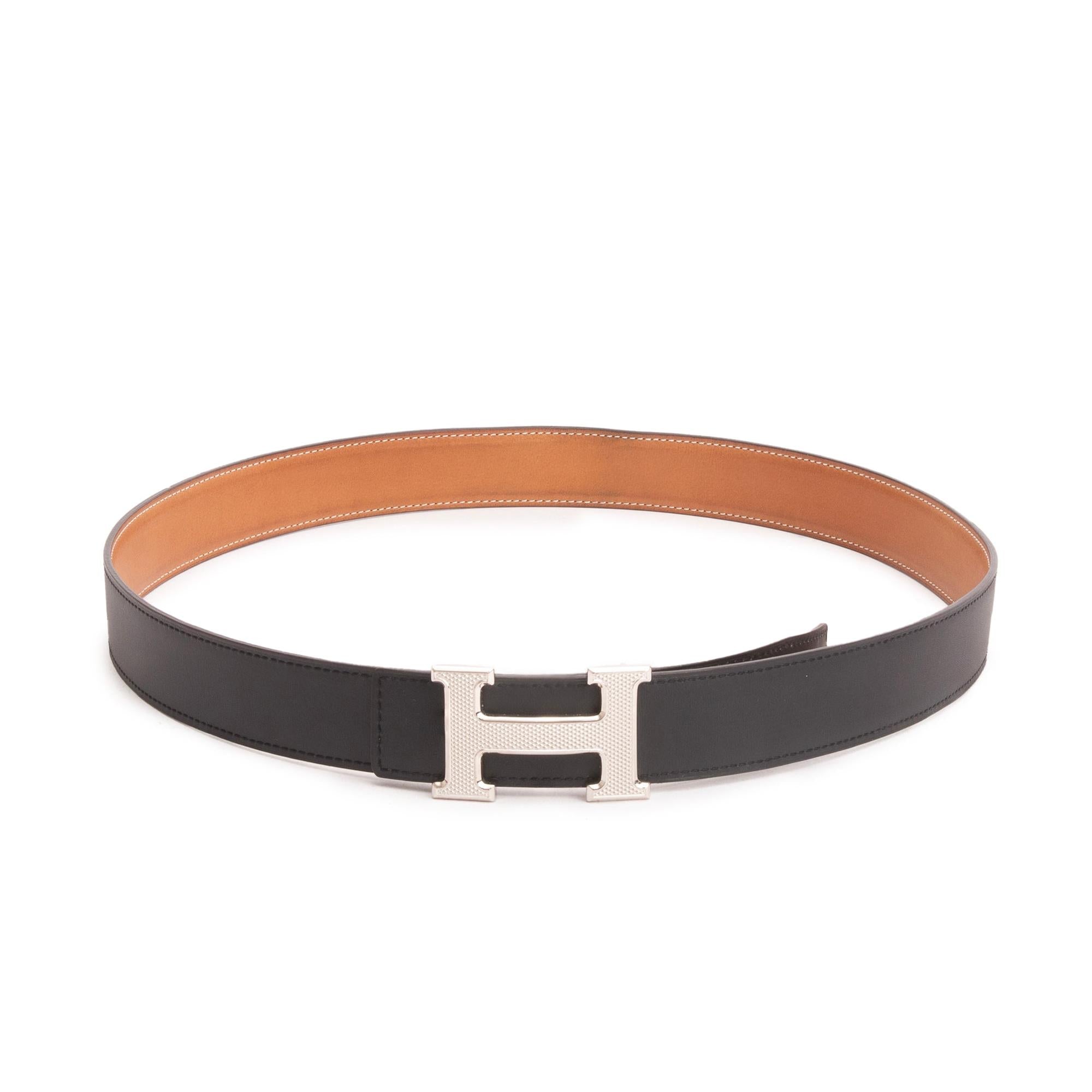 Hermes Noir/Gold Box Leather Reversible 32 mm Gillochee H Belt Kit 95