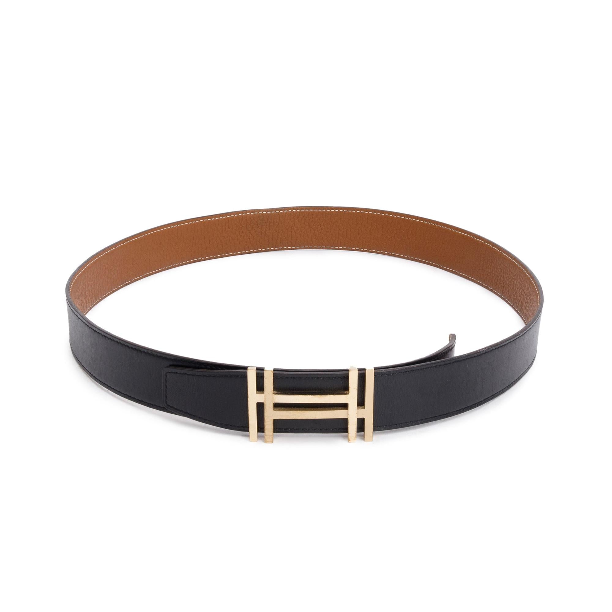 Hermes Noir/Gold Box Togo Leather Reversible 32 mm H Au Carre Belt Kit 90