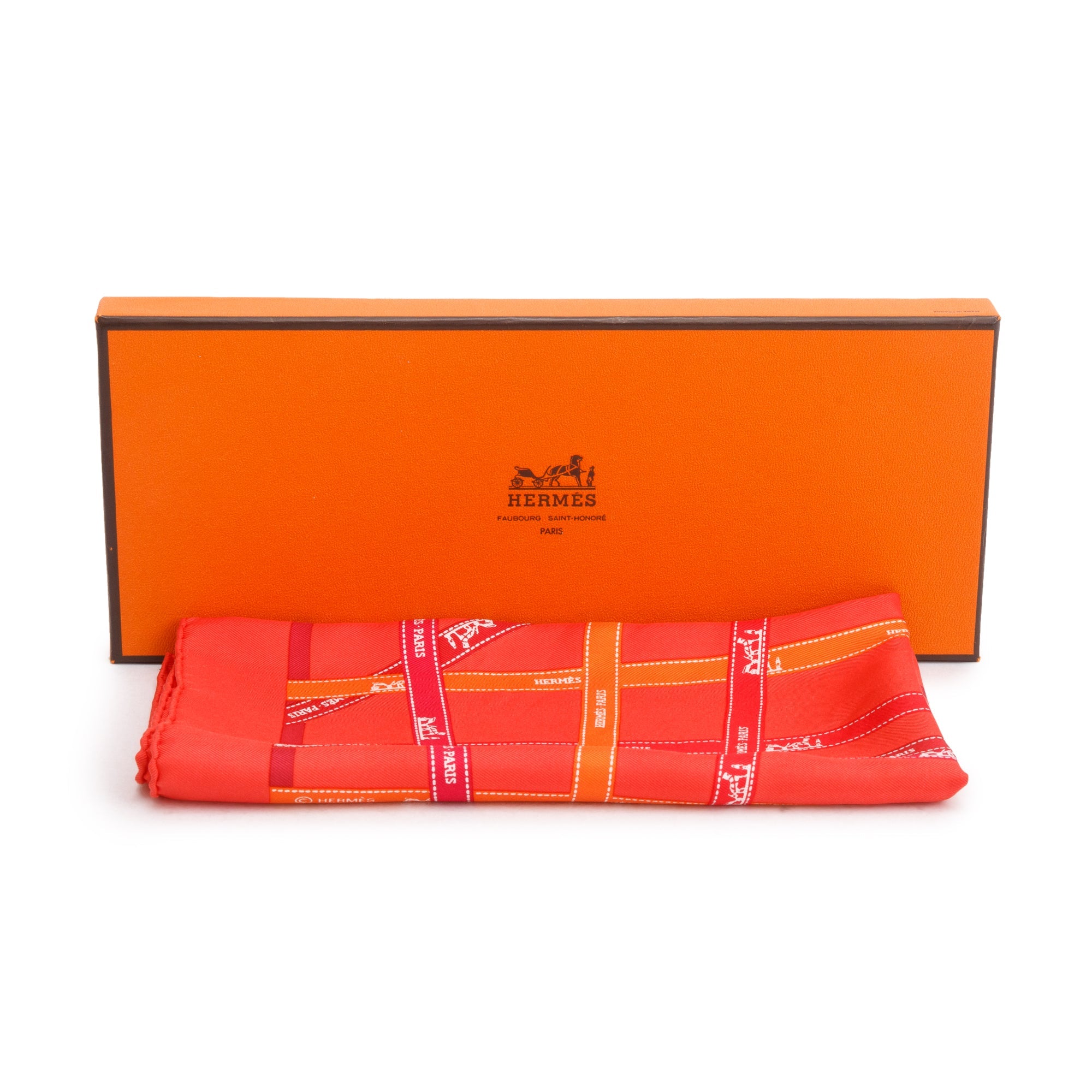 Hermes Orange 'Carre Buldoc Ribbon' Pocket Square Silk Scarf 45 w/ Box