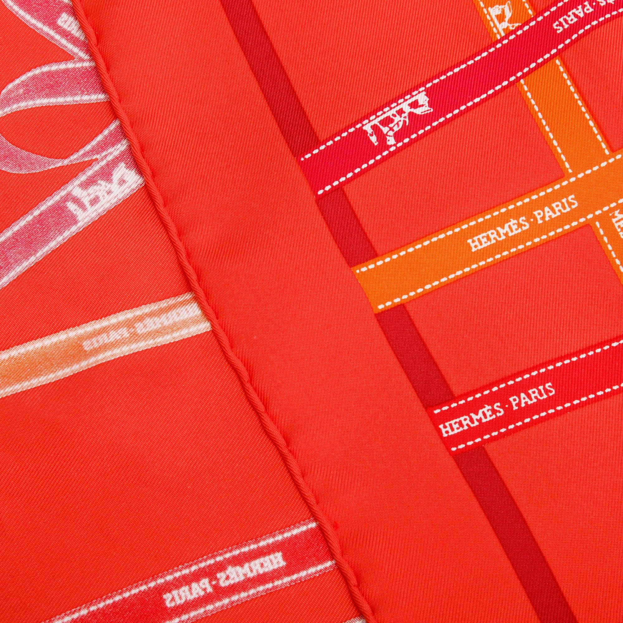 Hermes Orange 'Carre Buldoc Ribbon' Pocket Square Silk Scarf 45 w/ Box