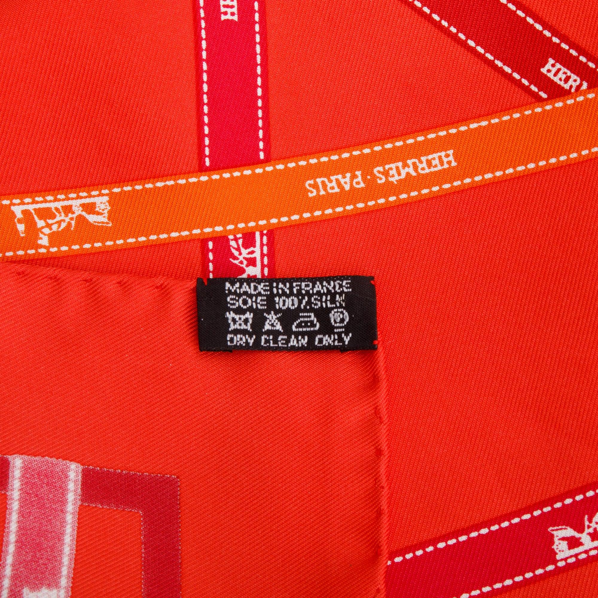Hermes Orange 'Carre Buldoc Ribbon' Pocket Square Silk Scarf 45 w/ Box
