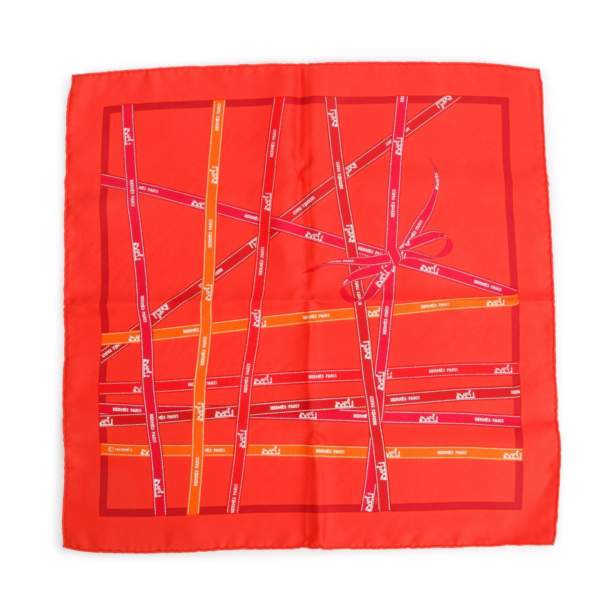 Hermes Orange 'Carre Buldoc Ribbon' Pocket Square Silk Scarf 45 w/ Box