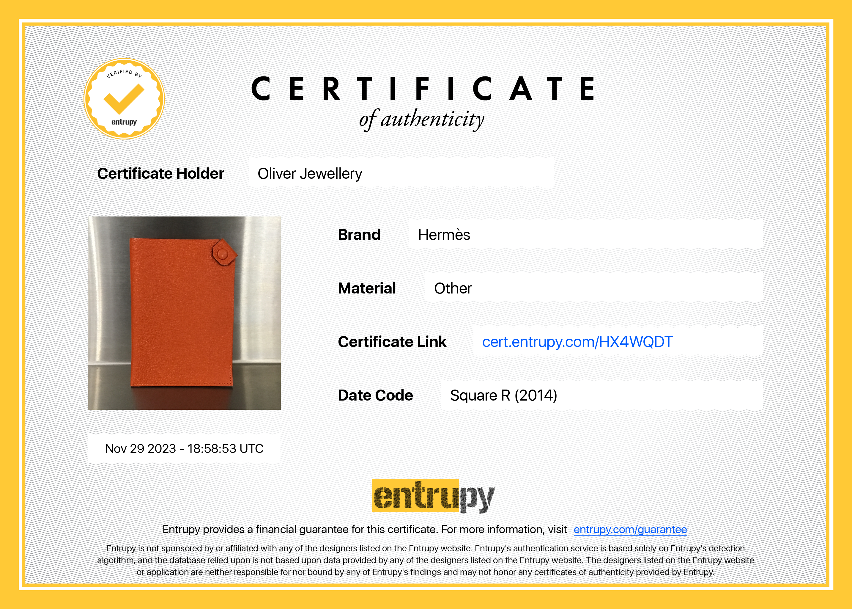 Hermes Orange Chevre Mysore Tarmac PM Passport Holder w/ Box