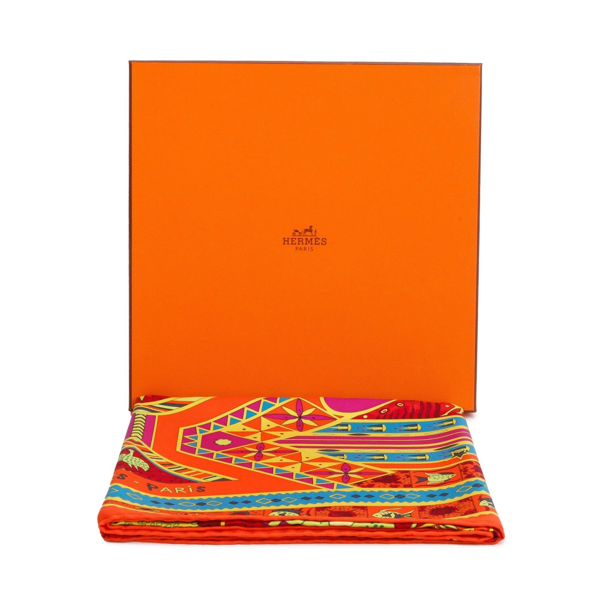 Hermes Orange Multicolor 'Ors Bleu D'Afrique'' Silk Scarf 90 w/ Box