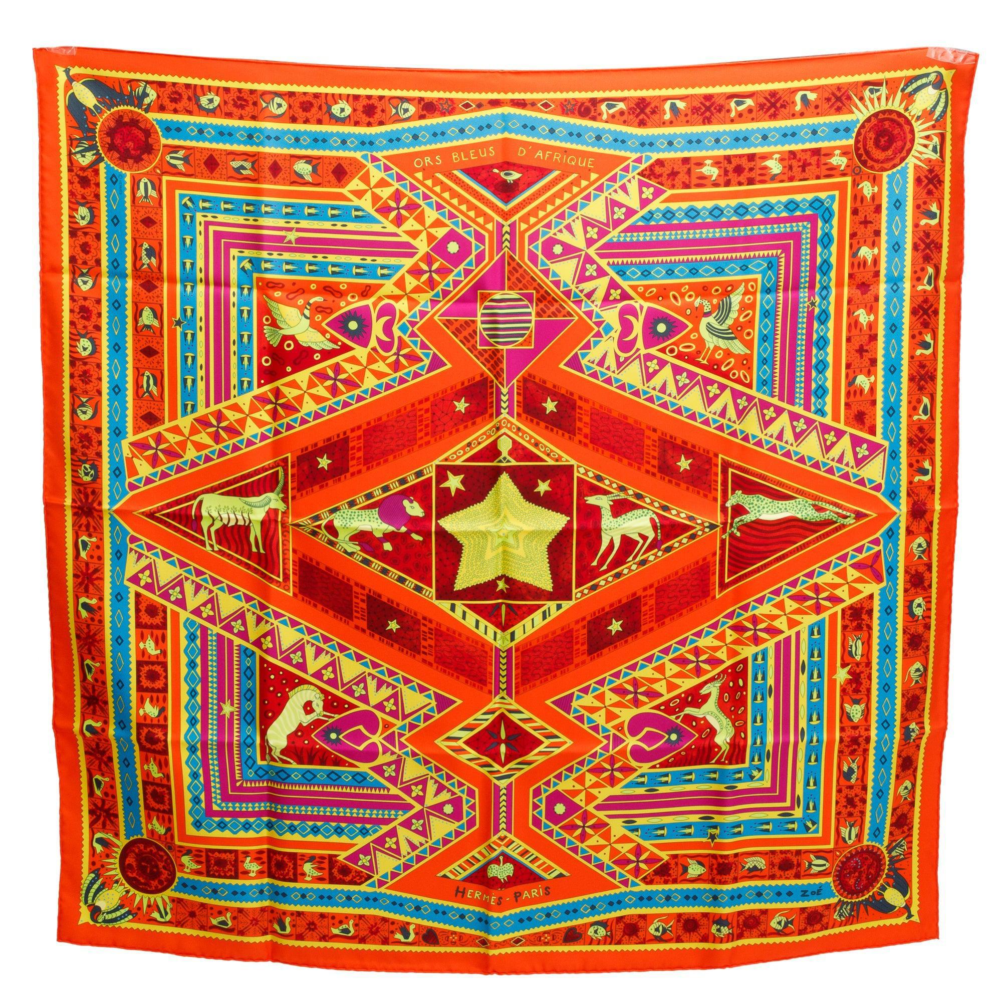 Hermes Orange Multicolor 'Ors Bleu D'Afrique'' Silk Scarf 90 w/ Box