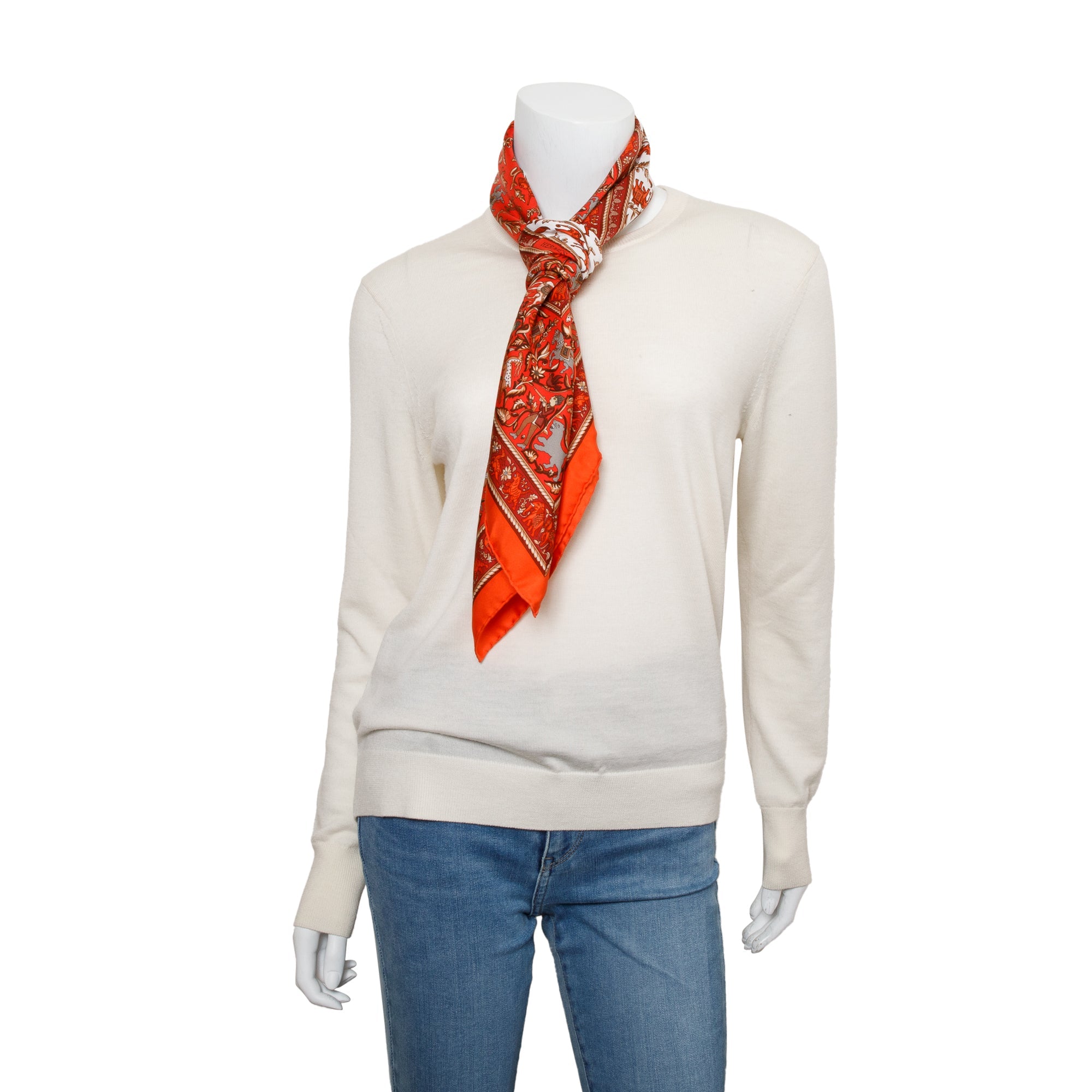 Hermes Orange/Red 'Chasse En Inde En Soie' Silk Scarf 90 w/ Box