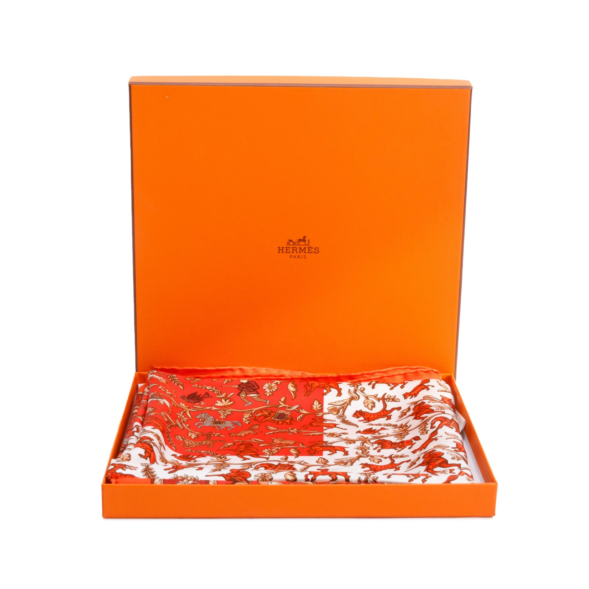 Hermes Orange/Red 'Chasse En Inde En Soie' Silk Scarf 90 w/ Box