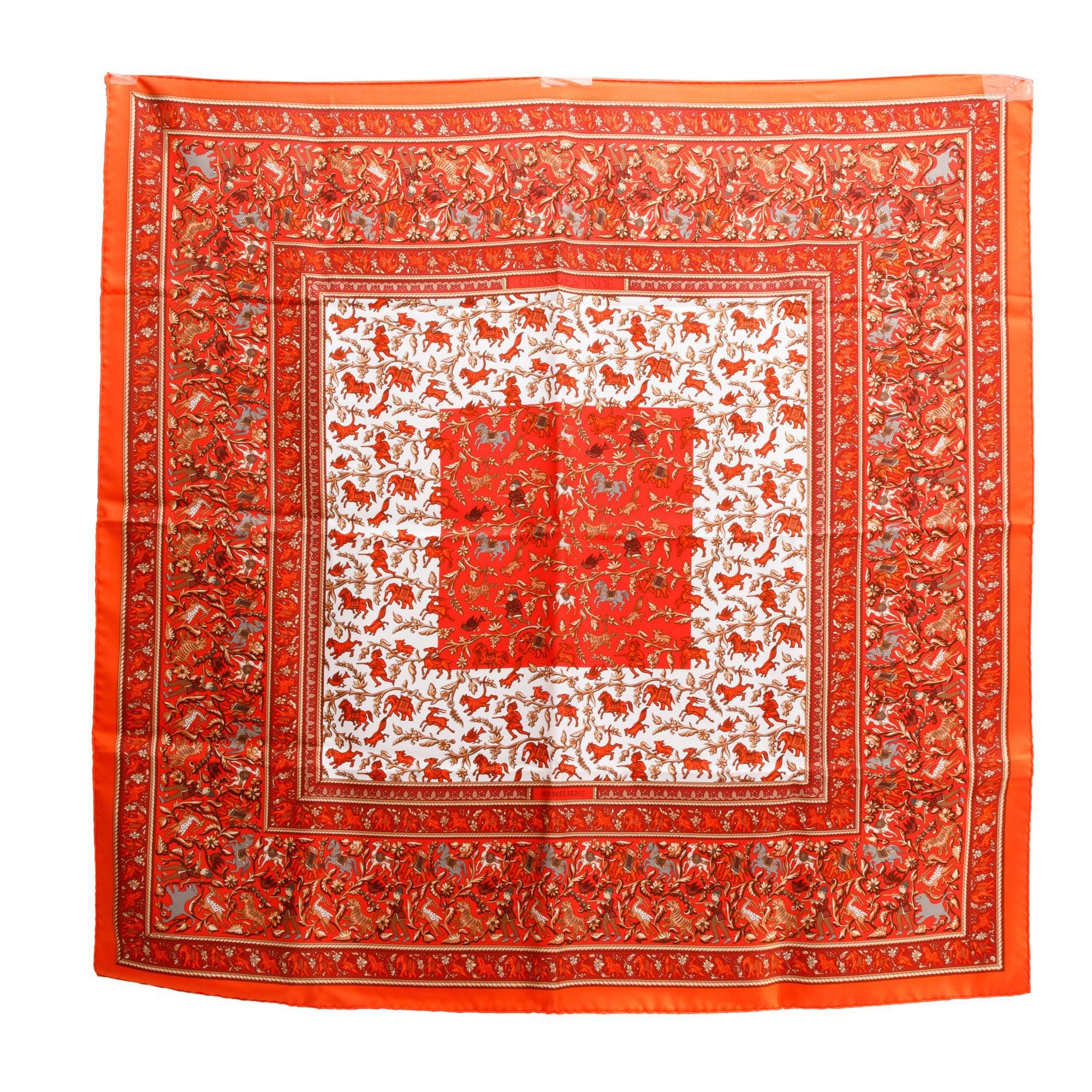 Hermes Orange/Red 'Chasse En Inde En Soie' Silk Scarf 90 w/ Box