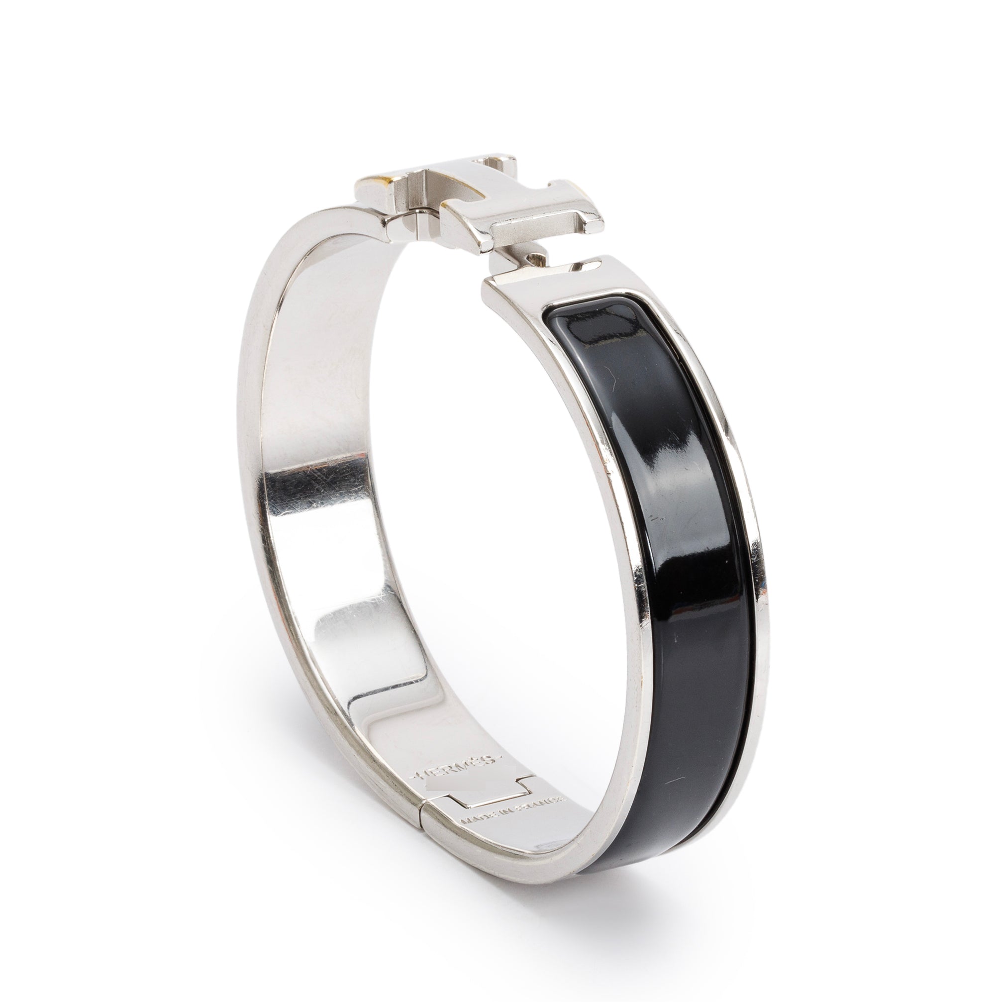Hermes Palladium Plated Black Enamel 12 MM Clic H Bracelet w/ Box