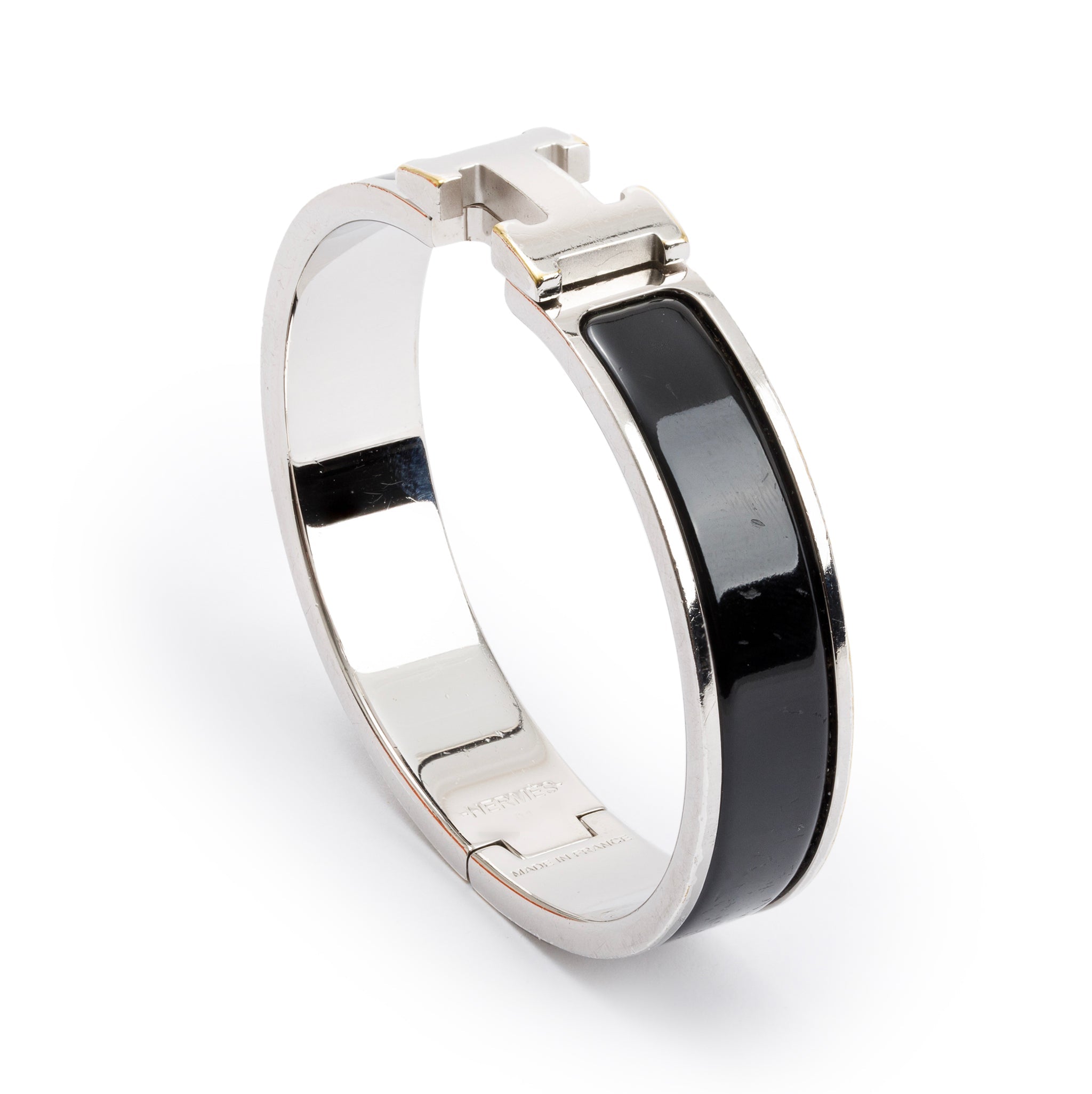 Hermes Palladium Plated Black Enamel 12 MM Clic H Bracelet w/ Box