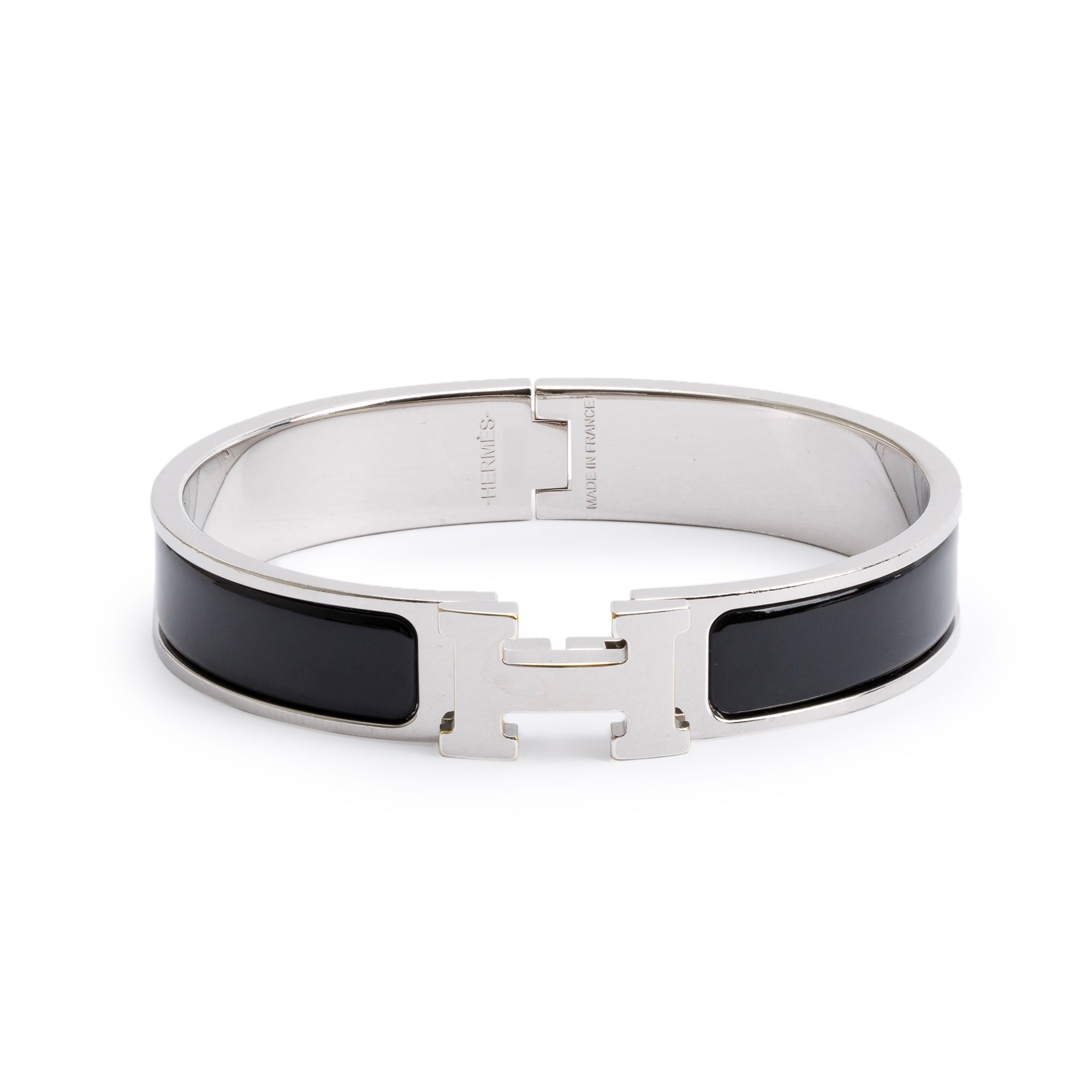 Hermes Palladium Plated Black Enamel 12 MM Clic H Bracelet w/ Box