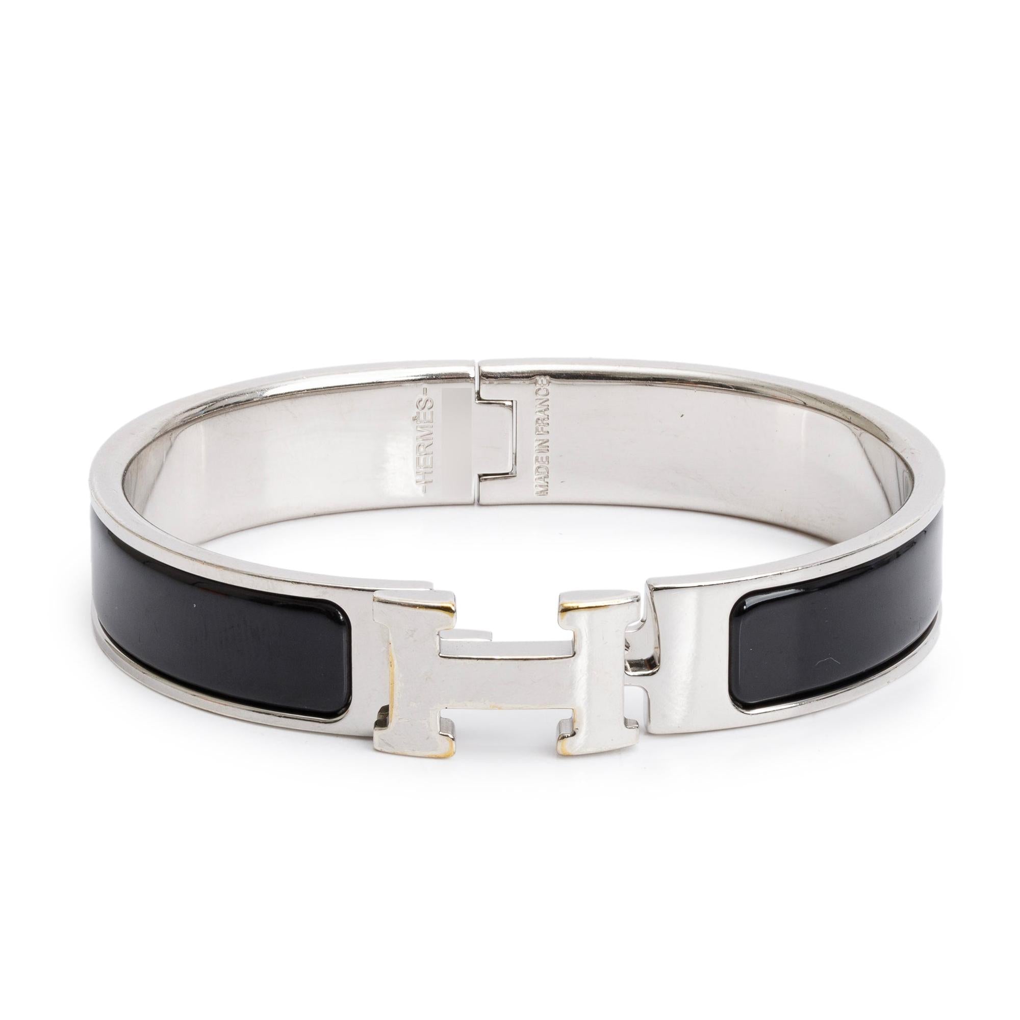 Hermes Palladium Plated Black Enamel 12 MM Clic H Bracelet w/ Box