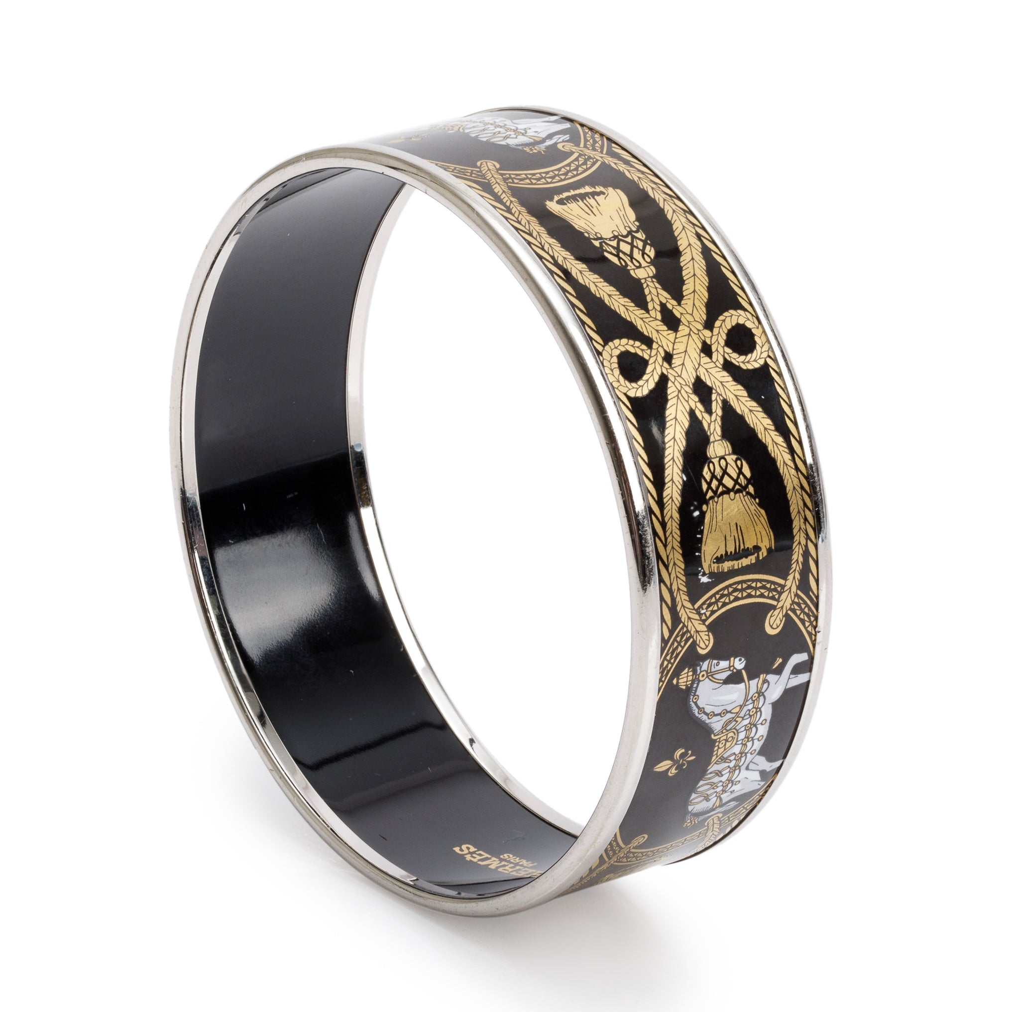 Hermes Palladium-Plated Black Grand Apparat Enamel Wide Bangle