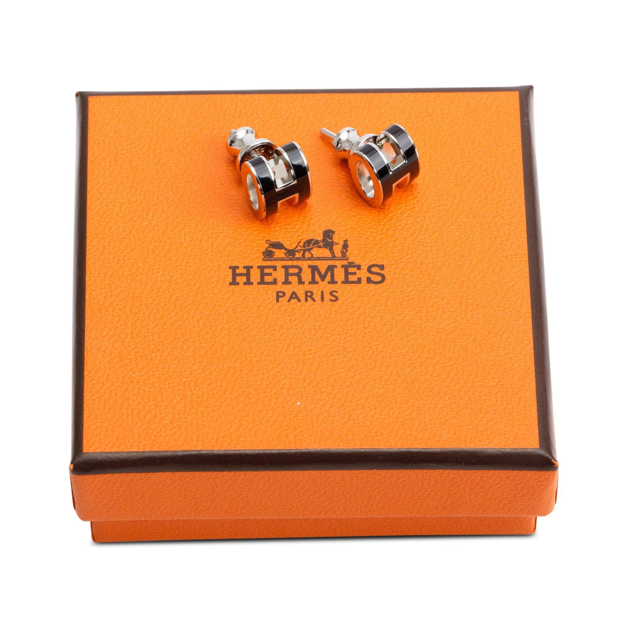 Hermes Palladium Plated Black Lacquered Mini Pop H Earrings w/ Box