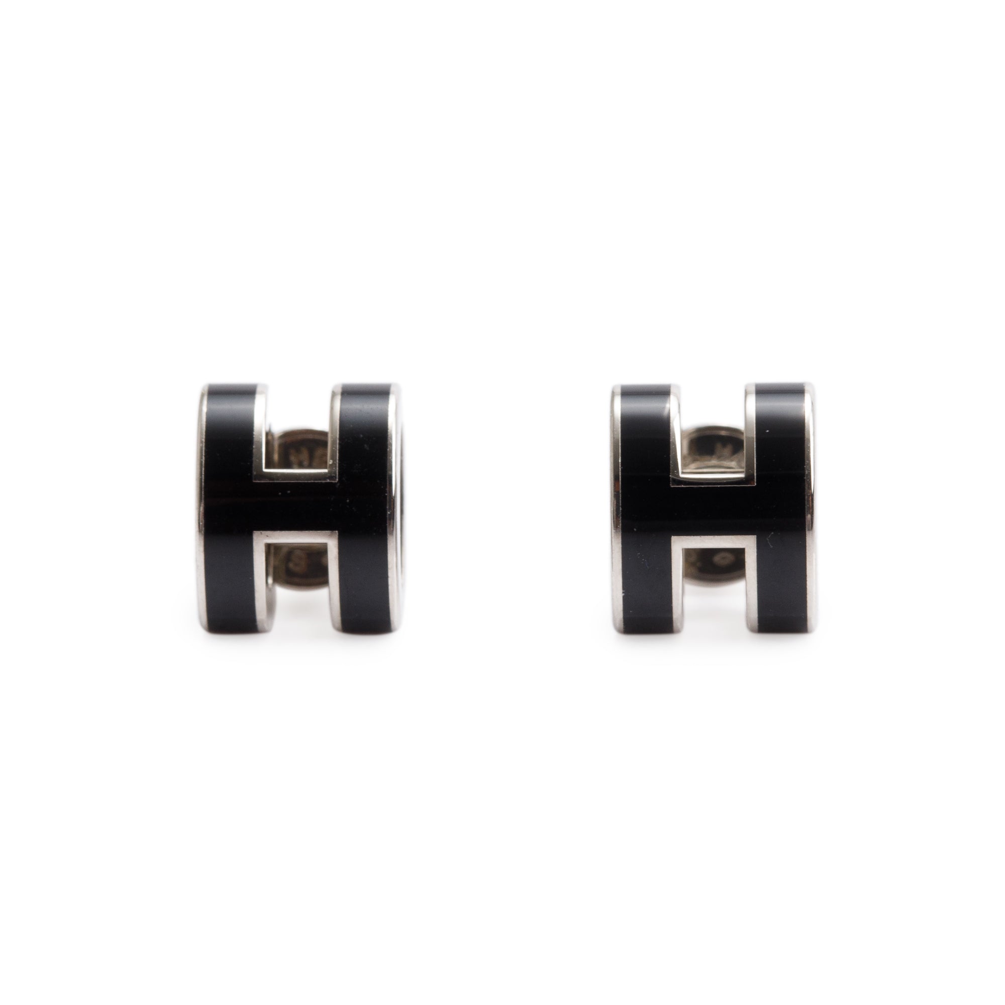 Hermes Palladium Plated Black Lacquered Mini Pop H Earrings