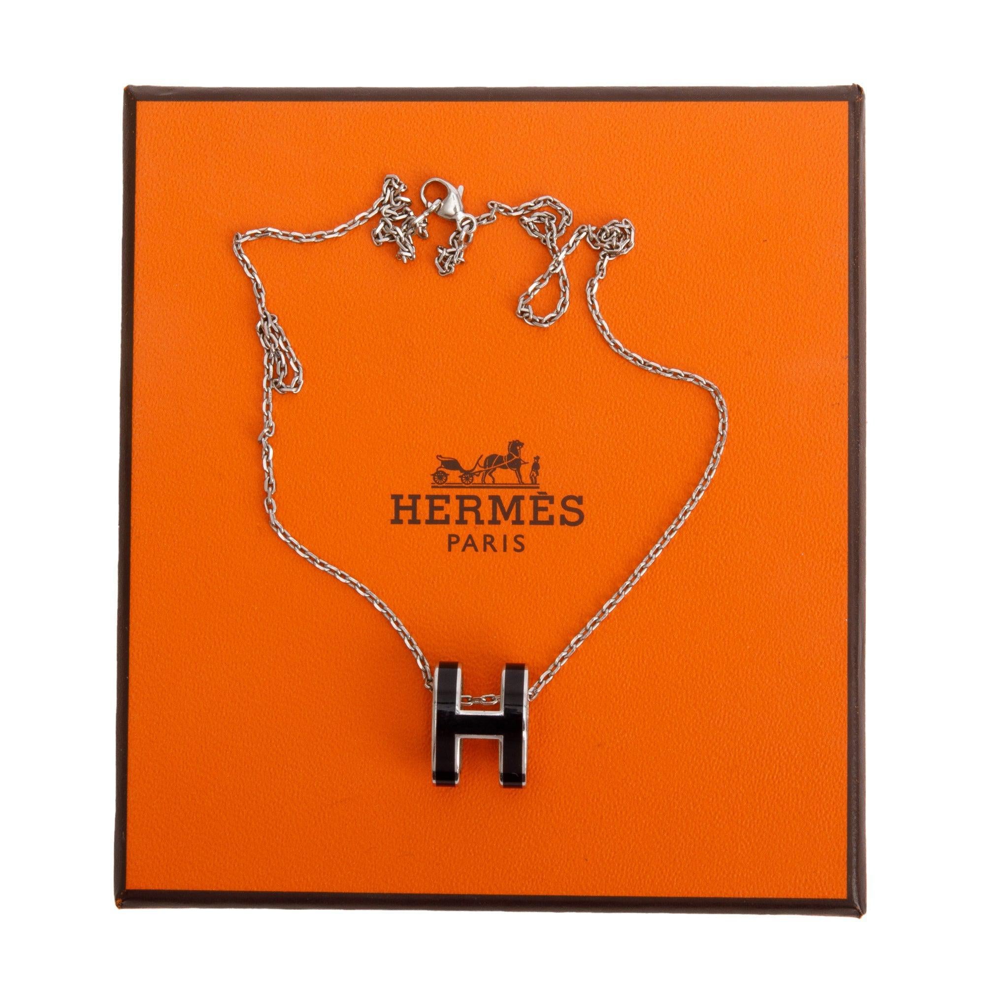 Hermes Palladium-Plated Black Lacquered Pop H Pendant Necklace w/ Box