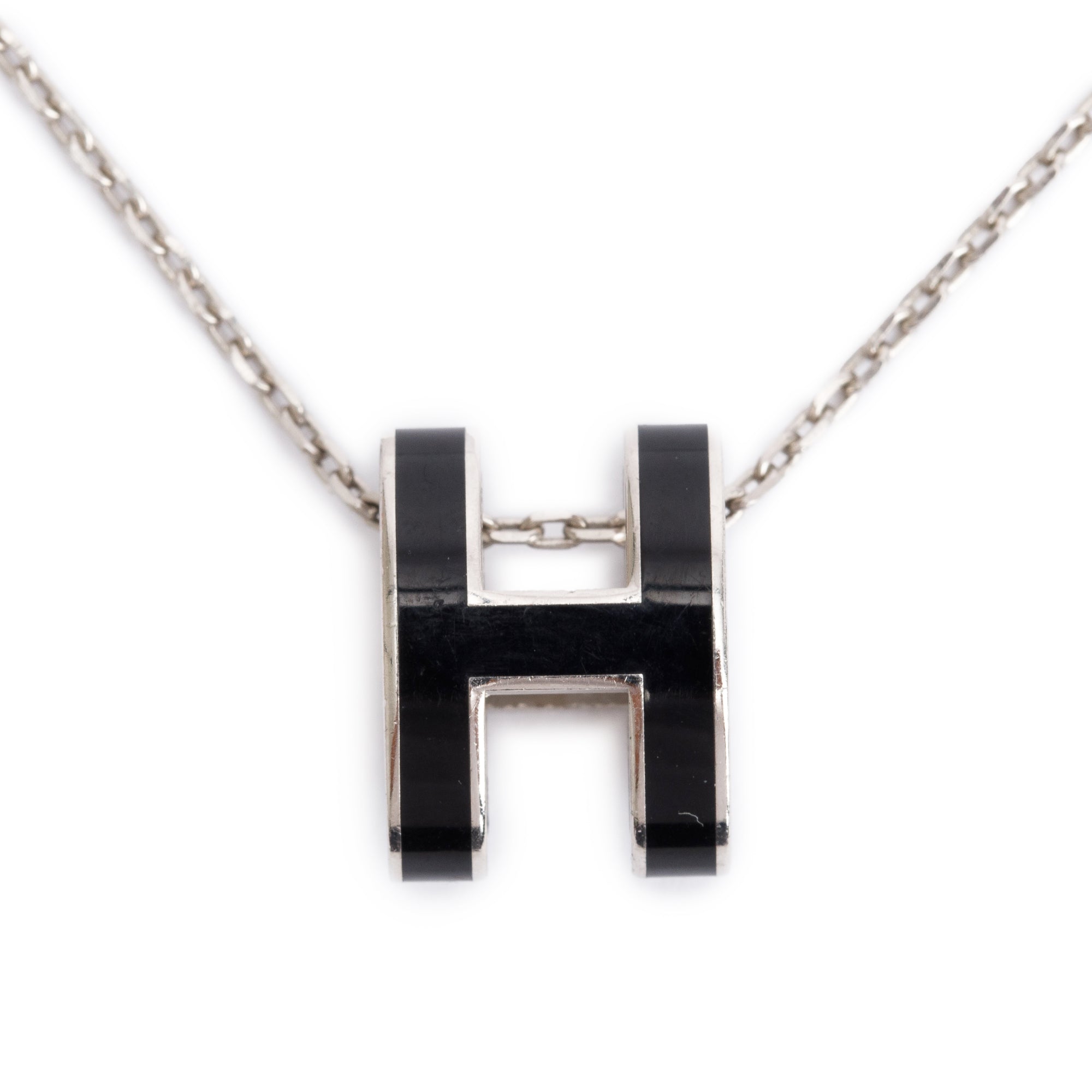 Hermes Palladium-Plated Black Lacquered Pop H Pendant Necklace w/ Box