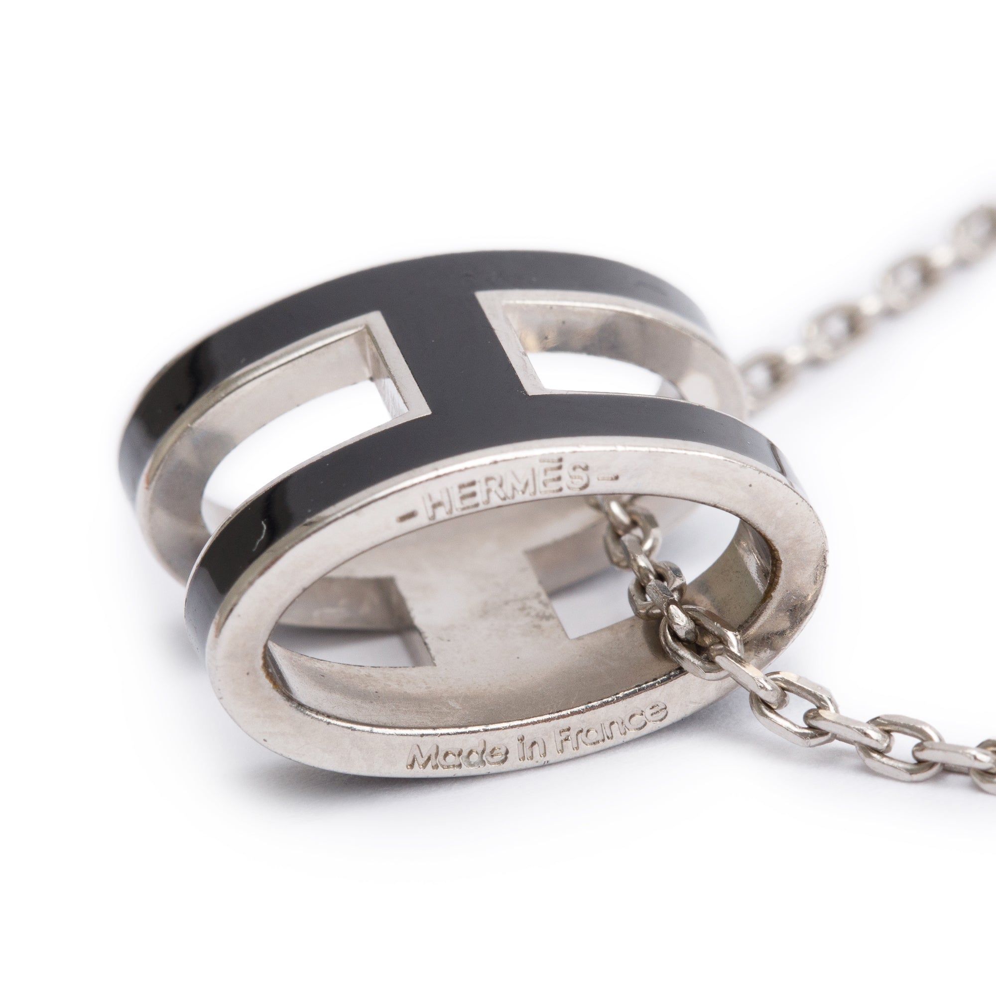 Hermes Palladium-Plated Black Lacquered Pop H Pendant Necklace w/ Box
