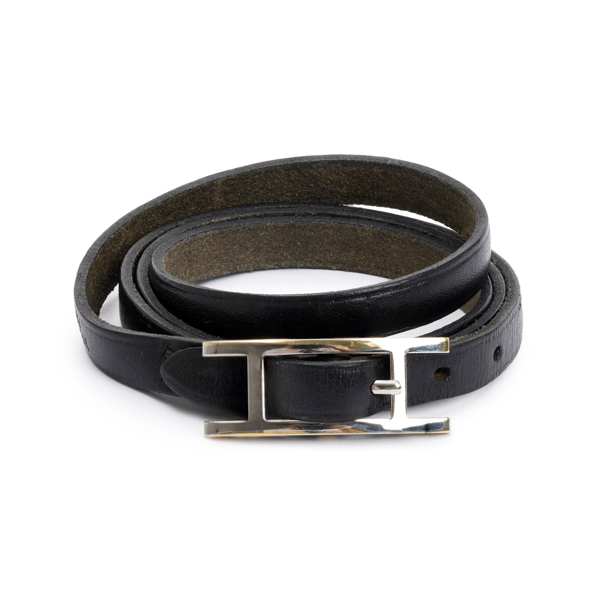 Hermes Palladium Plated Black Leather Behapi Triple Tour Wrap Bracelet